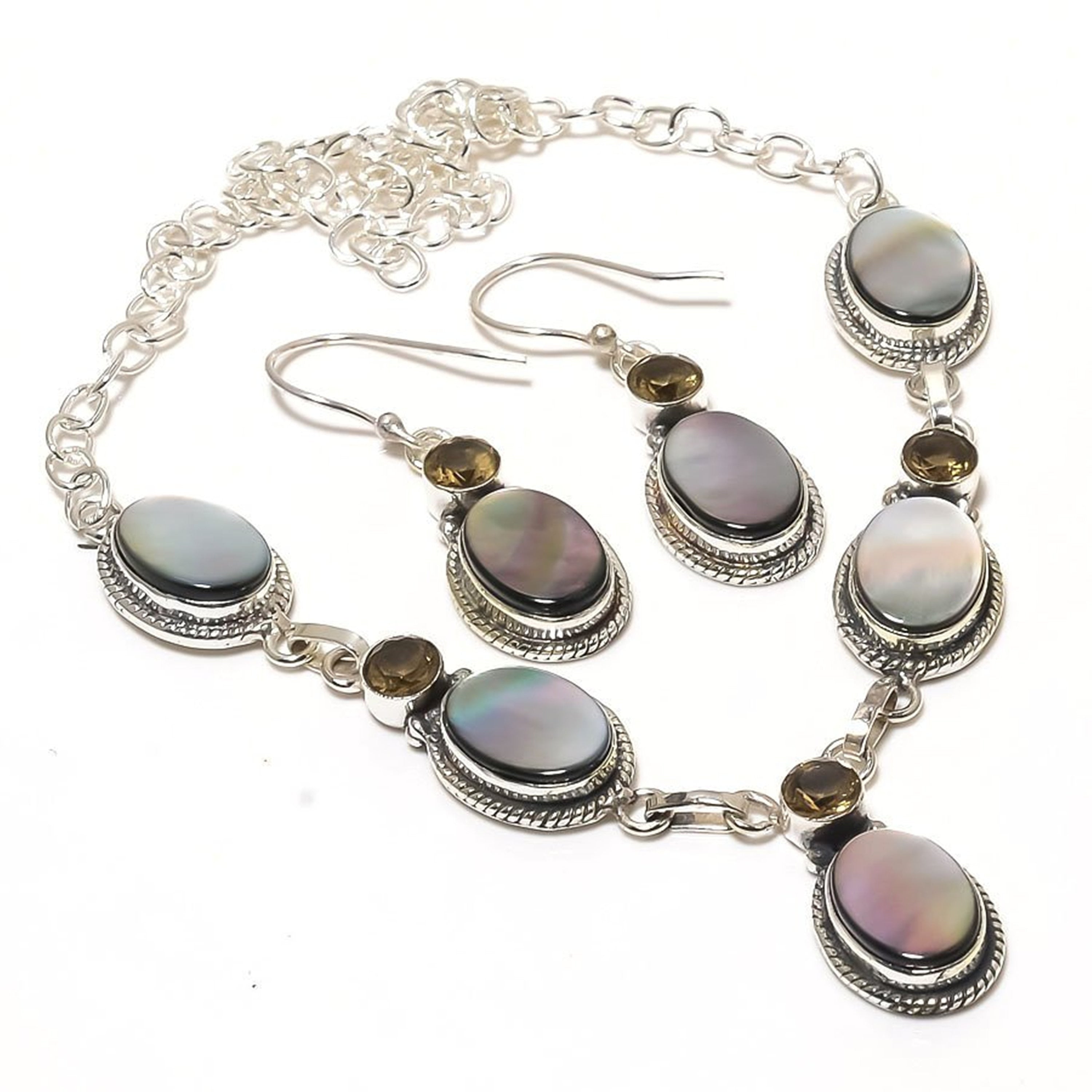 Black Mother of Pearl Necklace and Earrings, Pearl & Smoky Gemstone Silver Plated Jewelry Set, Handmade Fashion Jewelry, Statement Necklace