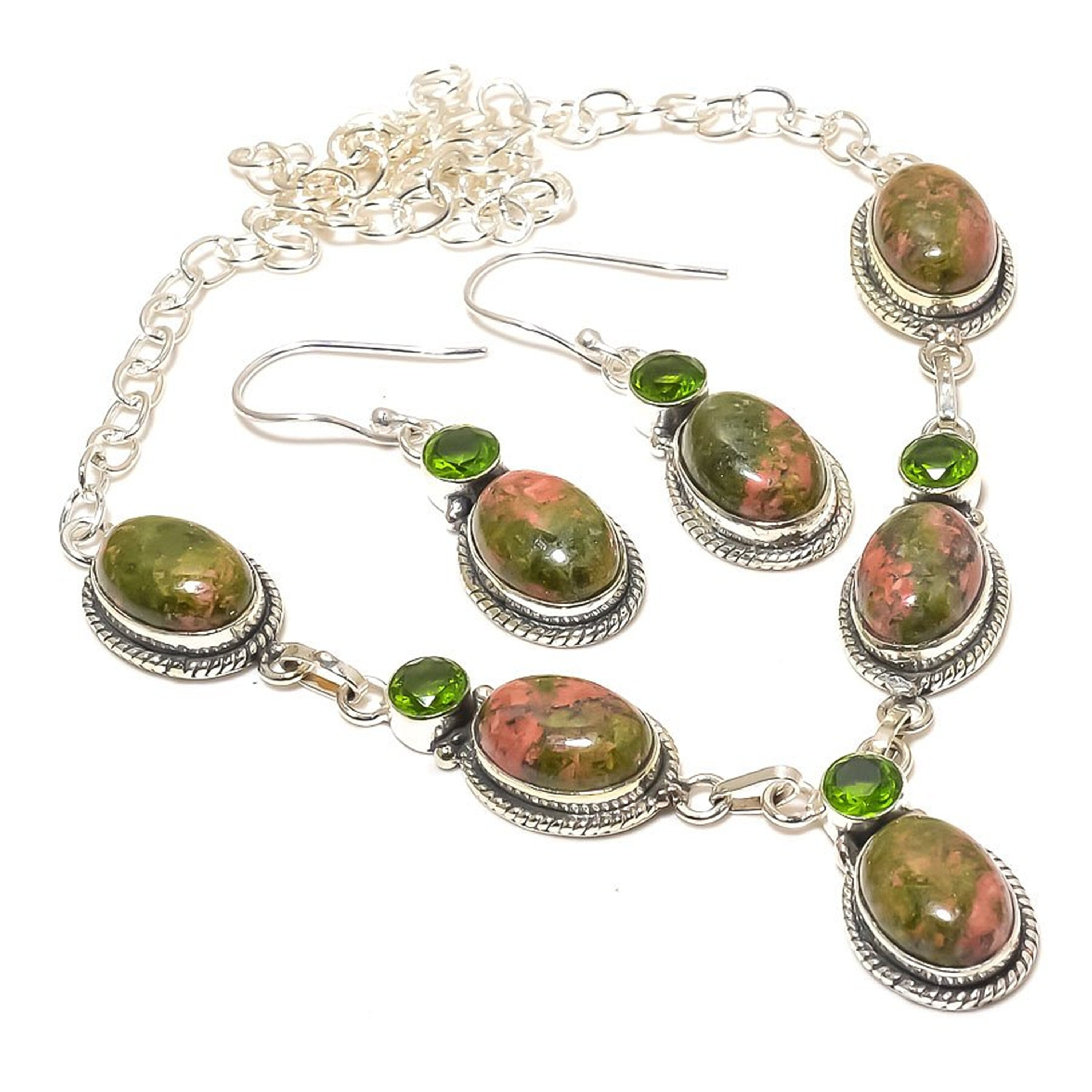 Natural Unakite Jasper Necklace, Unakite & Peridot Necklace And Earrings, Silver Plated Jewelry Set, Gift For Wife, Wedding Gift Jewelry Set