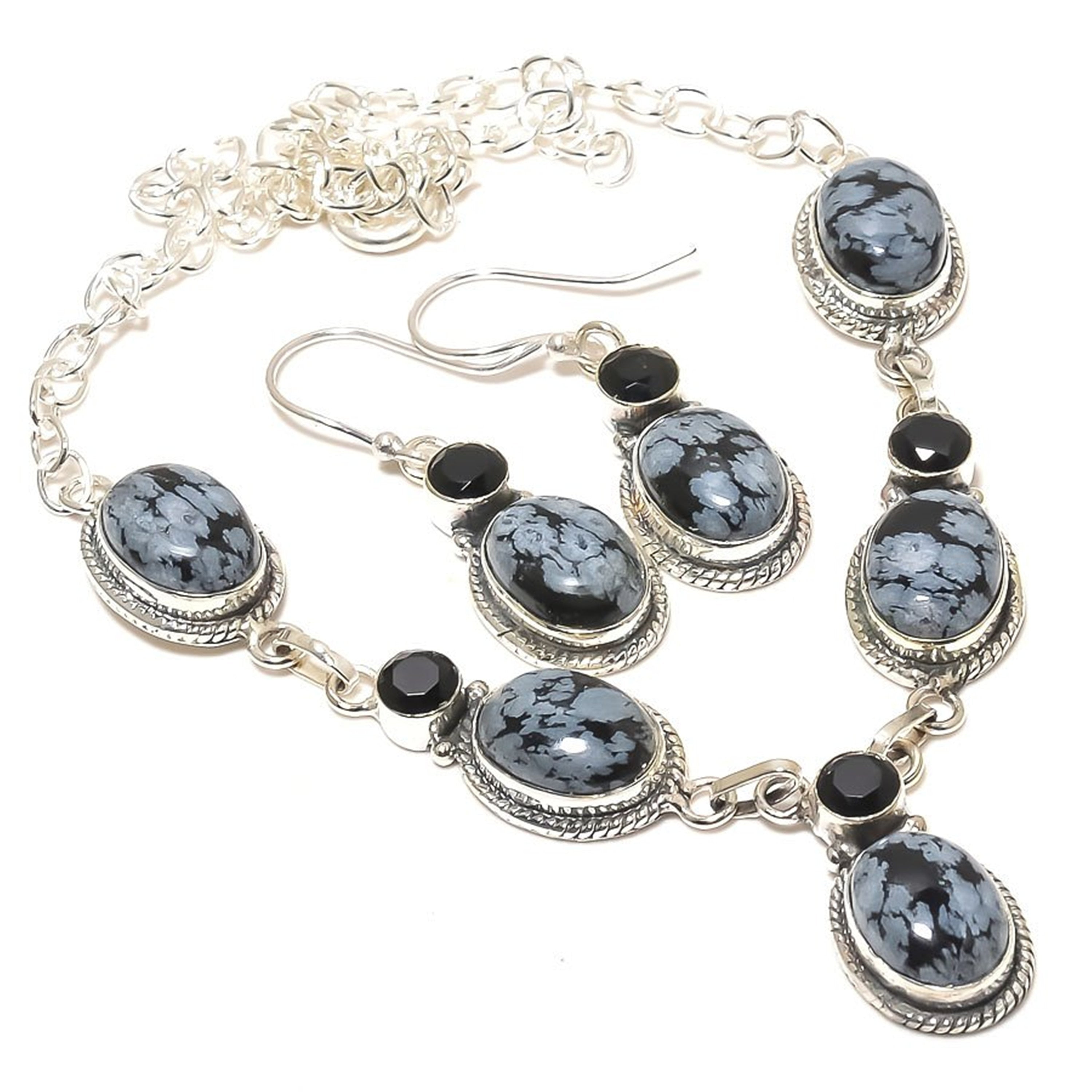 Obsidian Necklace and Earrings, Snowflake Obsidian & Black Onyx Gemstone Silver Plated Jewelry Set, Fashion Designer Jewelry, Gift For Women