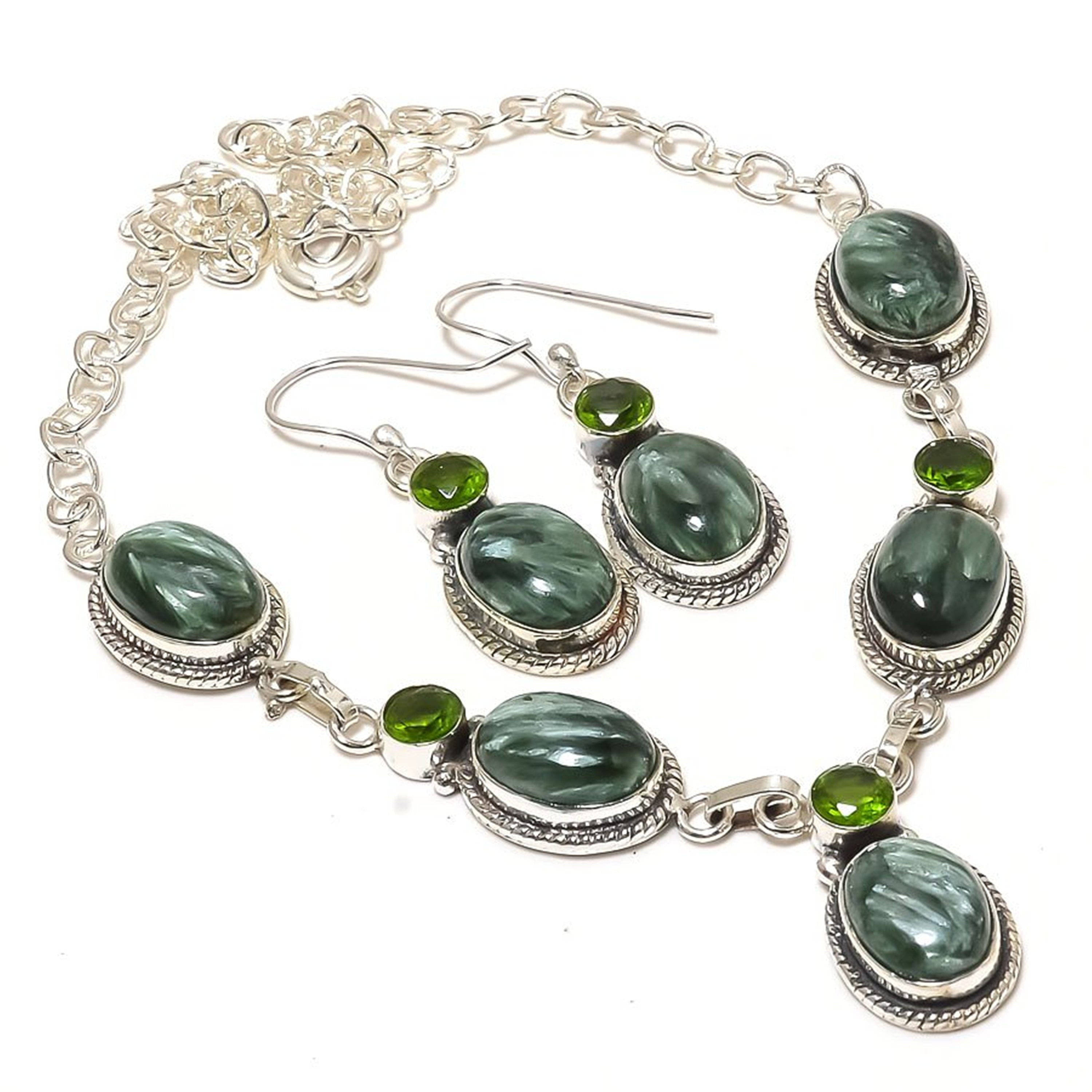 Seraphinite & Peridot Gemstone Necklace And Earrings Jewelry Set, 925 Silver Plated Necklace, Earrings For Women, Gift for Mom