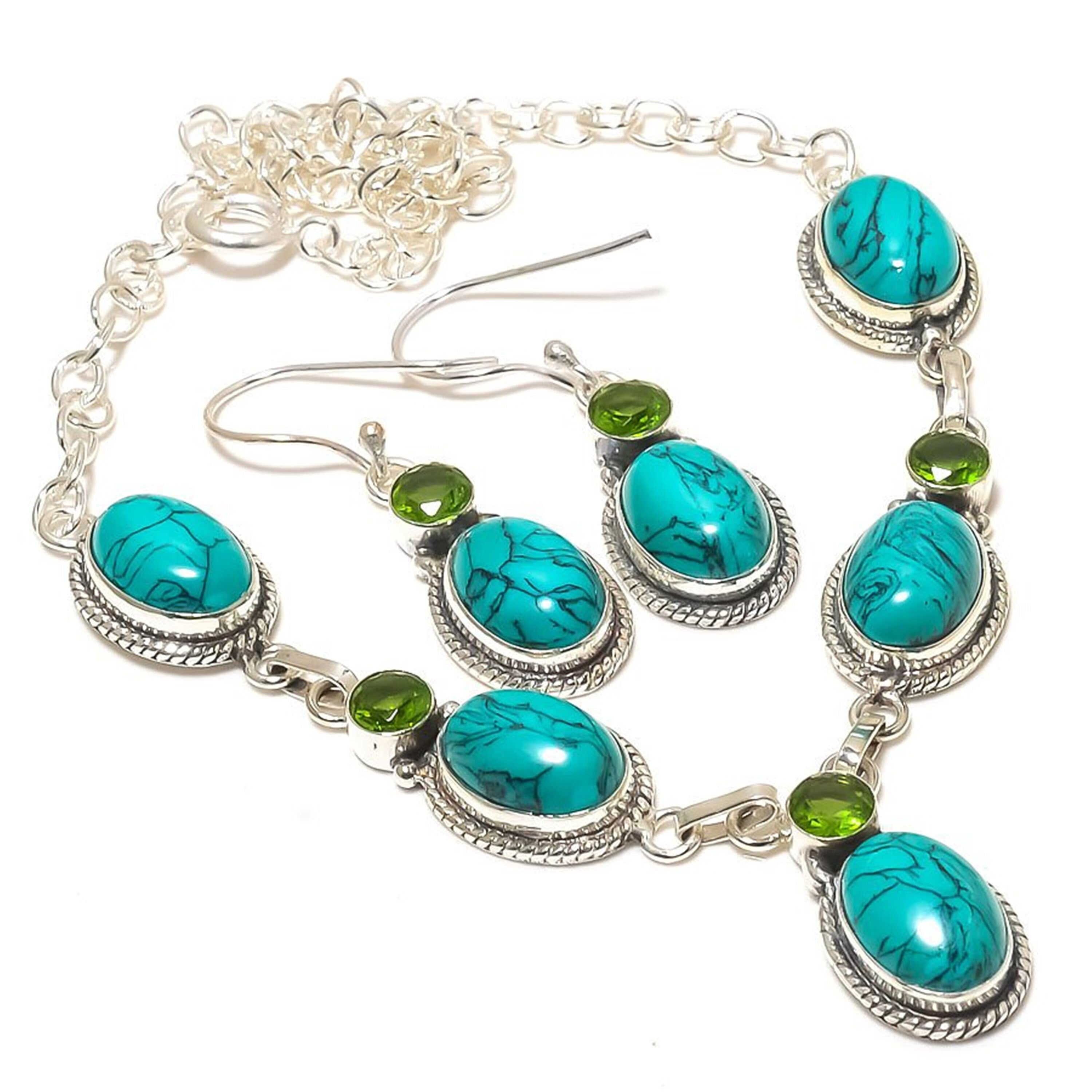 Tibetan Turquoise Jewelry Set, Turquoise & Peridot Necklace And Earrings Set, Silver Plated Necklace, Gemstone Jewelry Gift For Bridesmaid