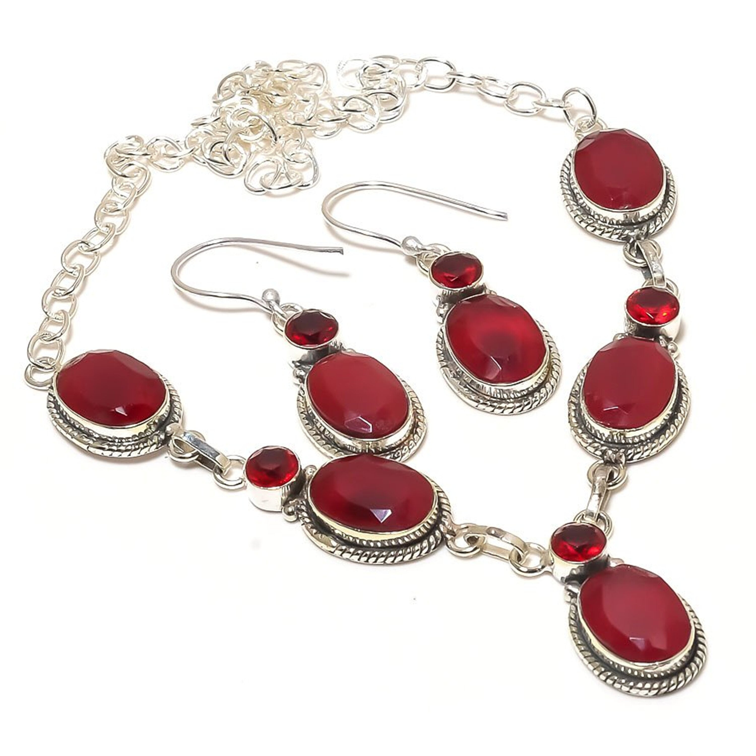 Ruby Necklace And Earrings, Pink Ruby & Garnet Silver Plated Jewelry Set, Boho Jewelry, Unique Fashion Jewelry, Bridal Wedding Gift Jewelry