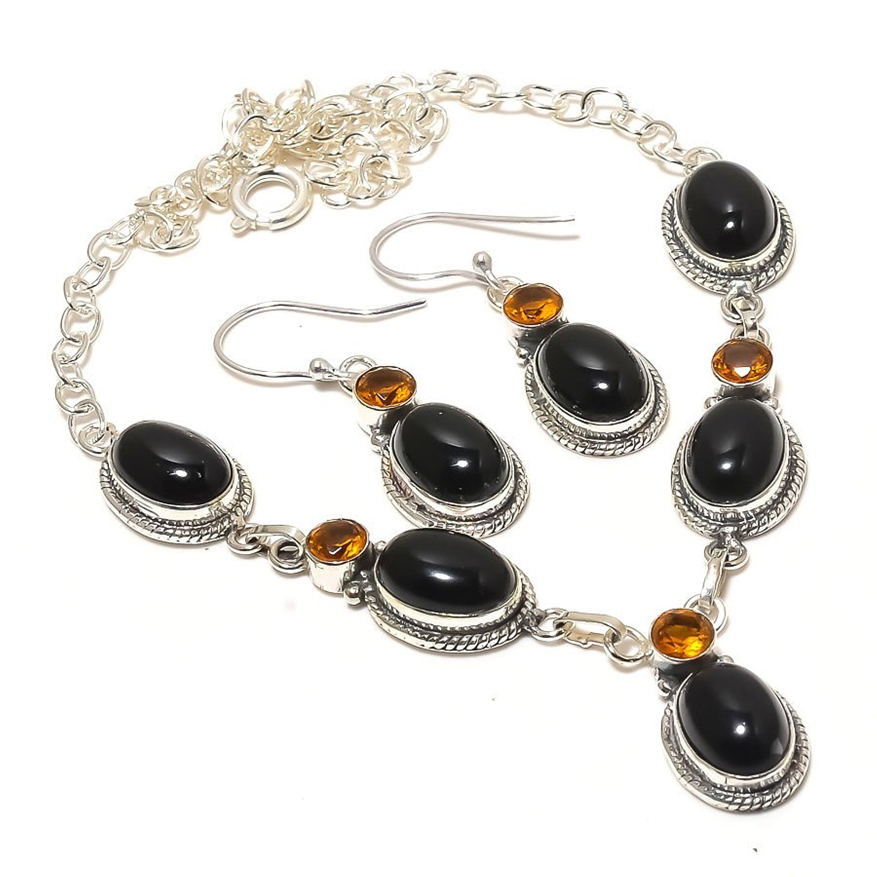 Black Onyx Jewelry, Black Onyx & Honey Topaz Gemstone Necklace And Earrings Set, Oval Black Onyx Silver Plated Fashion Jewelry, Gift For Her