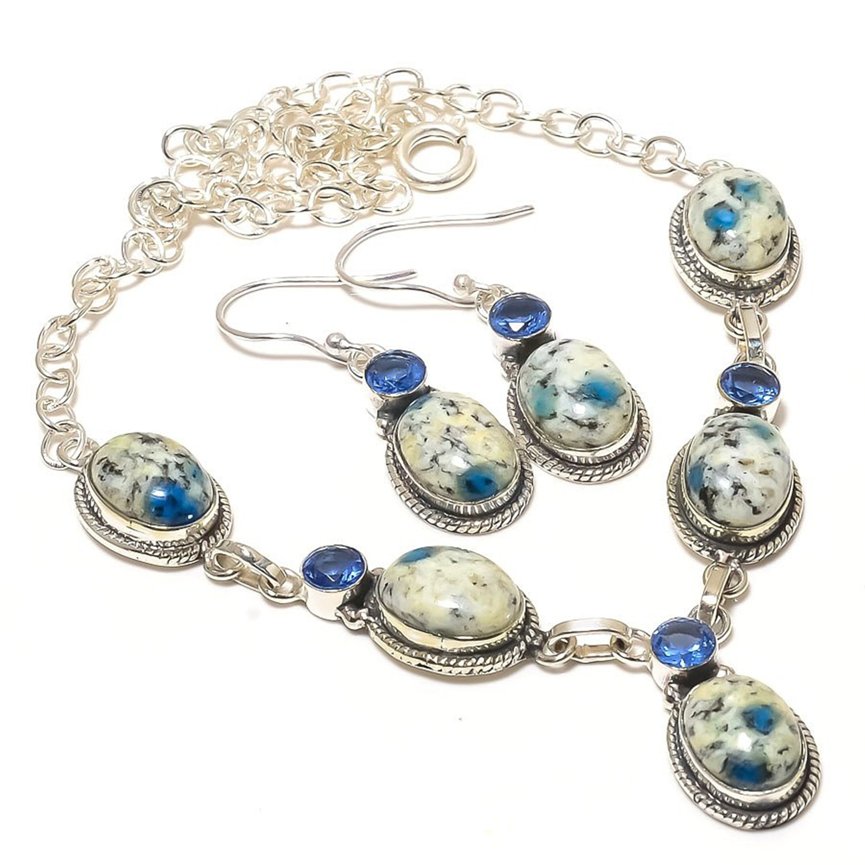 K2 Jasper Necklace and Earrings, K2 Jasper & Blue Quartz Gemstone Silver Plated Jewelry Set, Handmade Designer Jewelry, Unique Necklace Gift