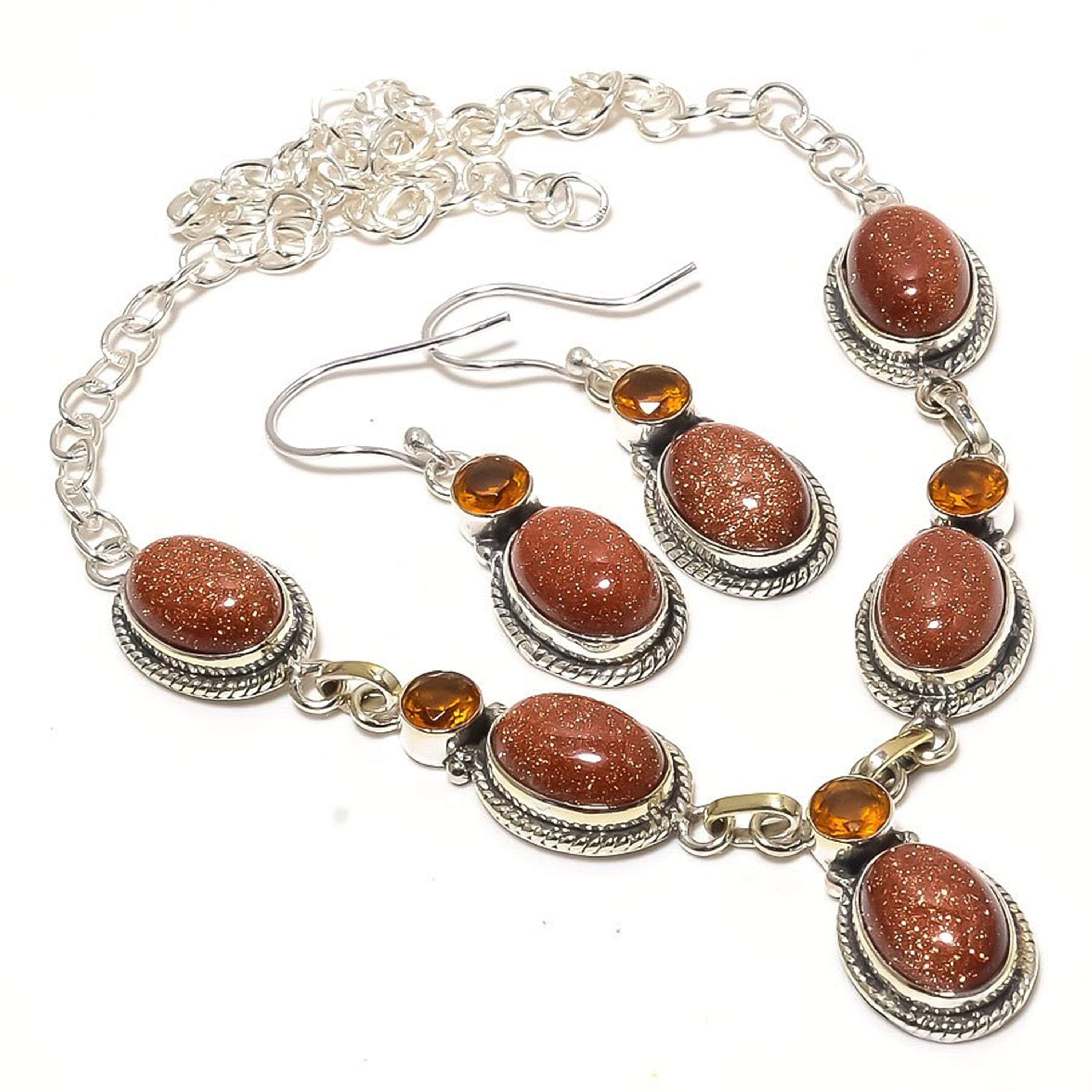 Sunstone Jewelry Set, Sunstone & Honey Topaz Silver Plated Necklace and Earrings Set, Natural Sunstone jewelry, Handmade Necklace For Girls