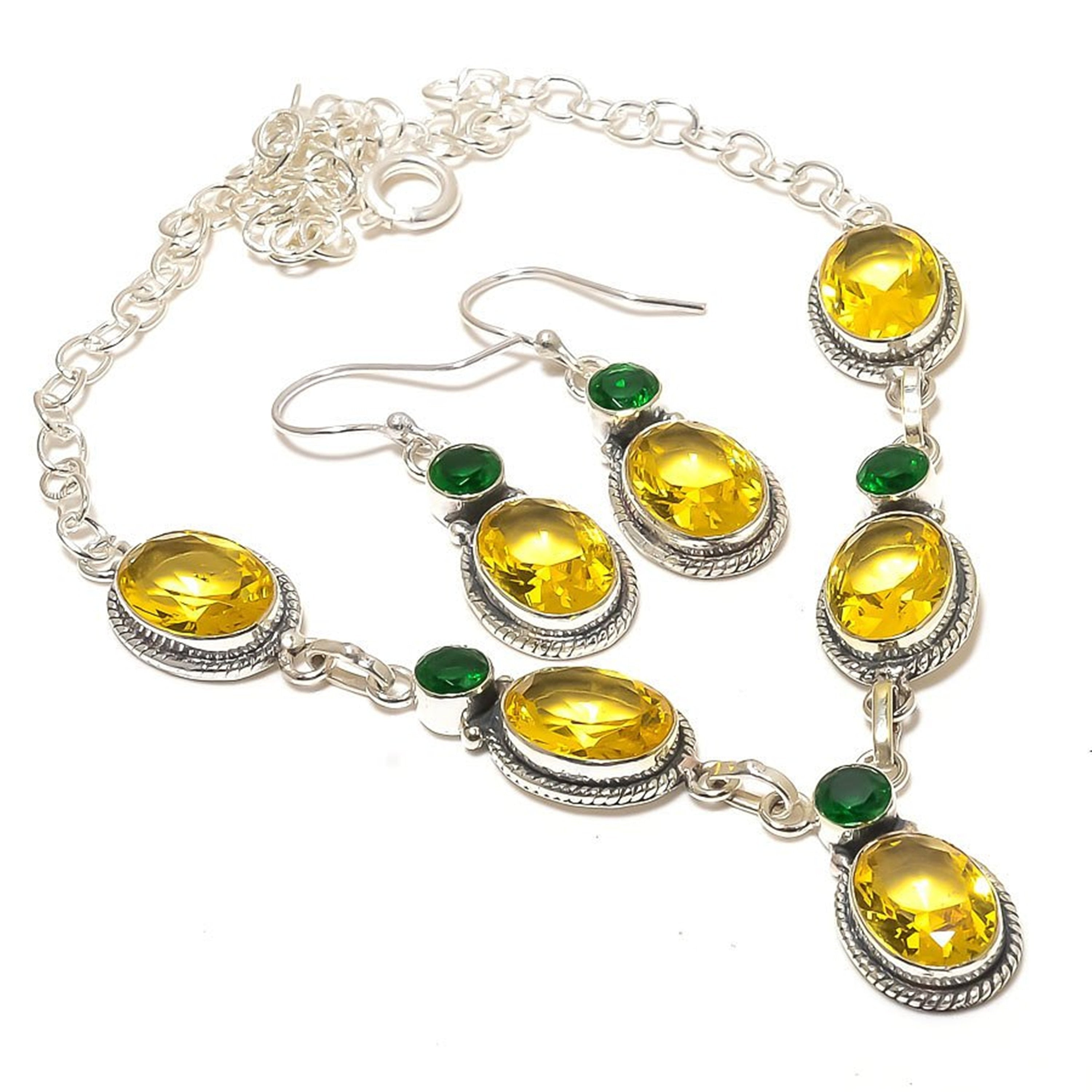 Citrine & Chrome Diopside Gemstone Necklace And Earrings Jewelry Set, 925 Silver Plated Necklace, Earrings For Wife, Perfect Gift For Her