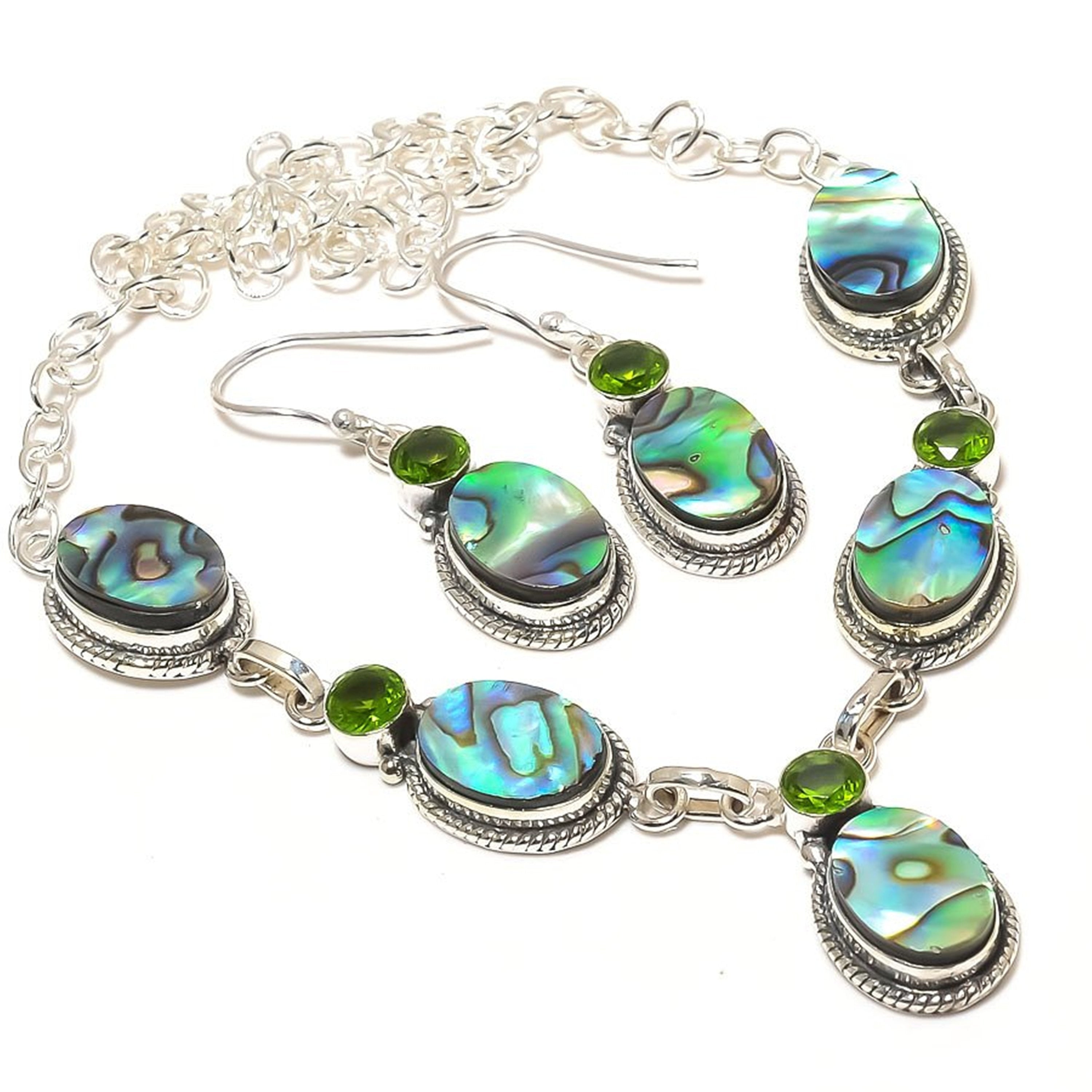 Abalone Shell & Peridot Necklace And Earrings Jewelry Set, 925 Silver Plated Necklace For Gifts, Abalone Disc Jewelry For Christmas Gifts