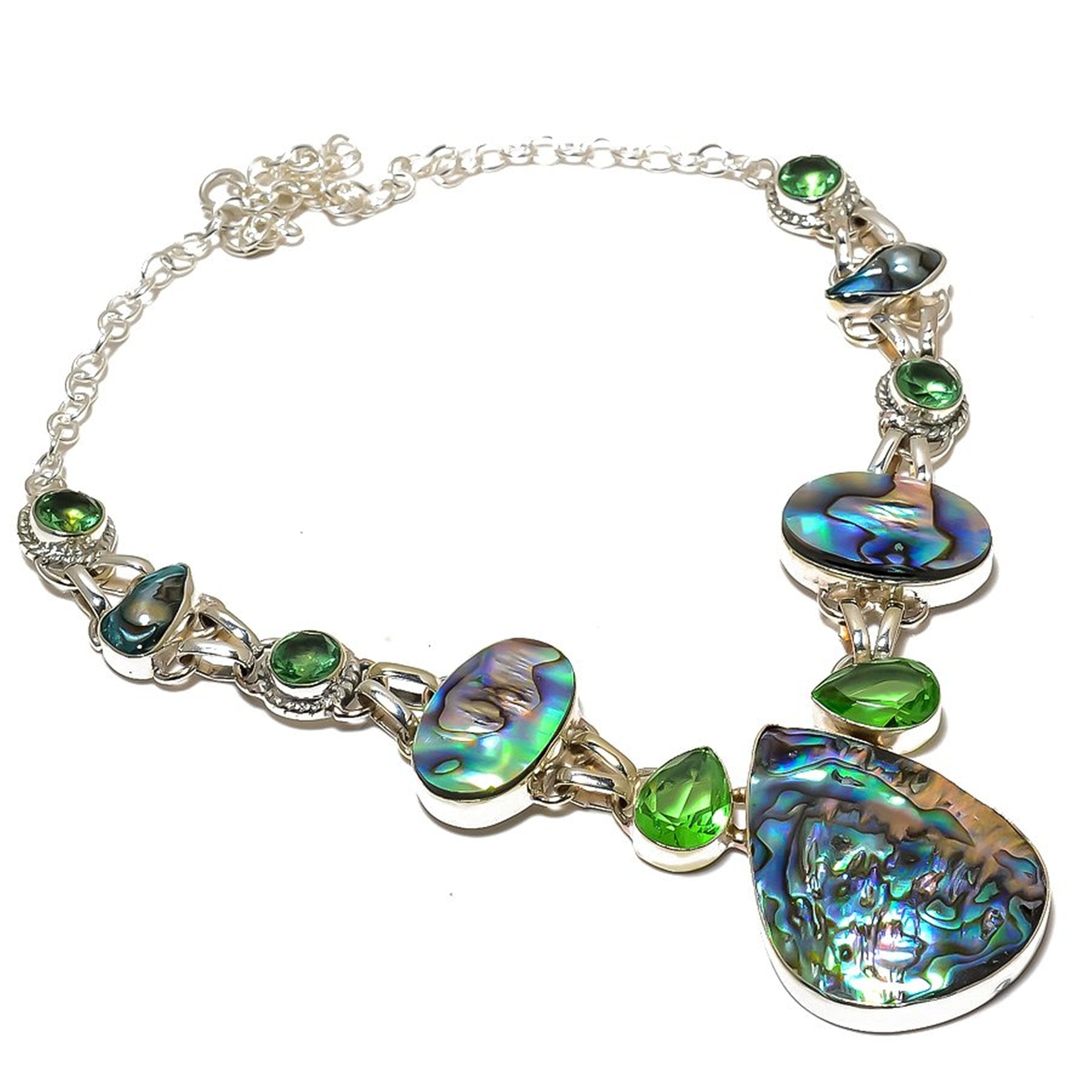 Abalone Shell, Green Quartz And Blue Biwa Pearl Gemstone Necklace, Multi Colors Stone Jewelry, Silver Plated Necklace For Christmas Gifts