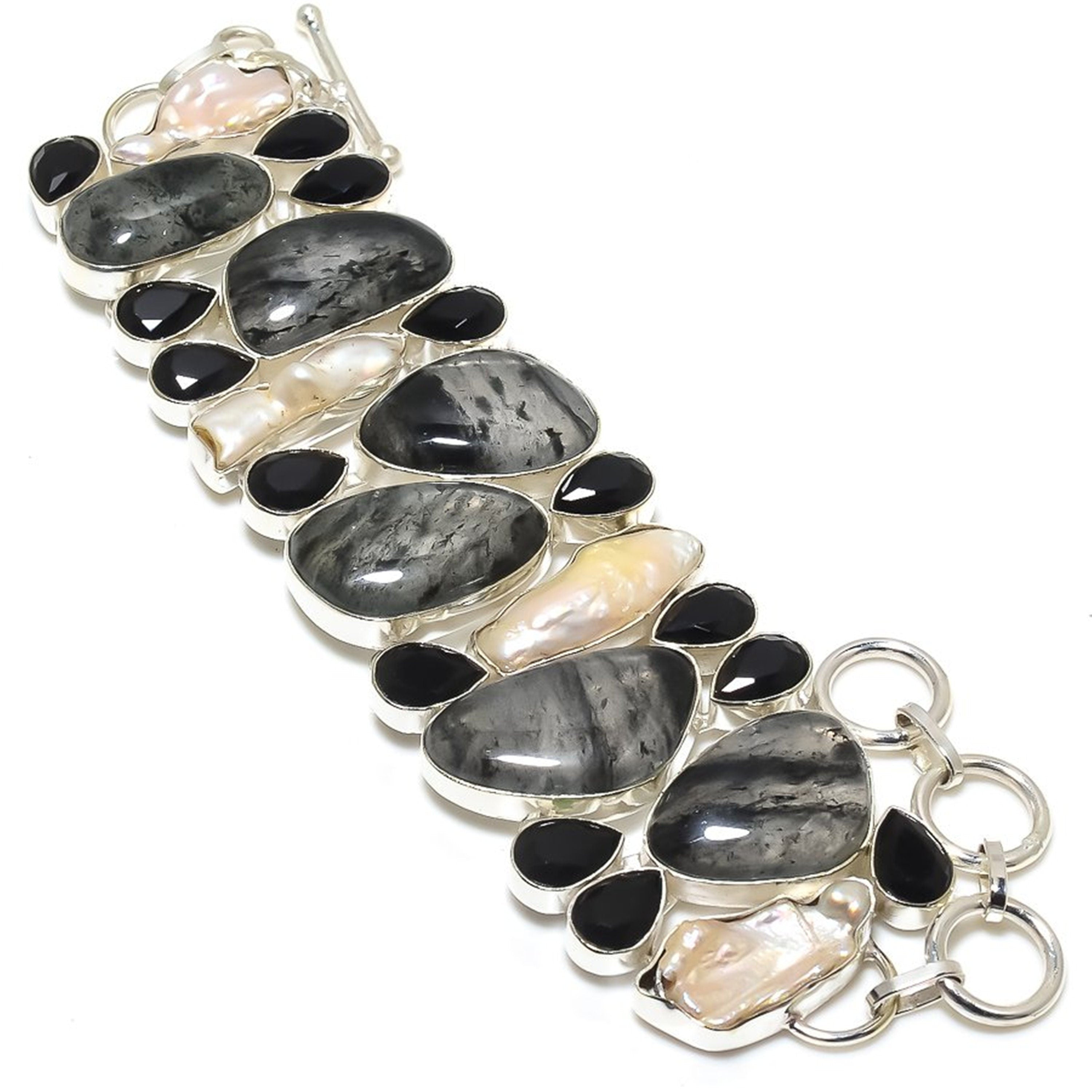 Black Rutilated Quartz Bracelet, Rutilated Quartz Biwa Pearl Black Onyx Silver Plated Bracelet, Healing Stone, Unique Designer Jewelry Gift