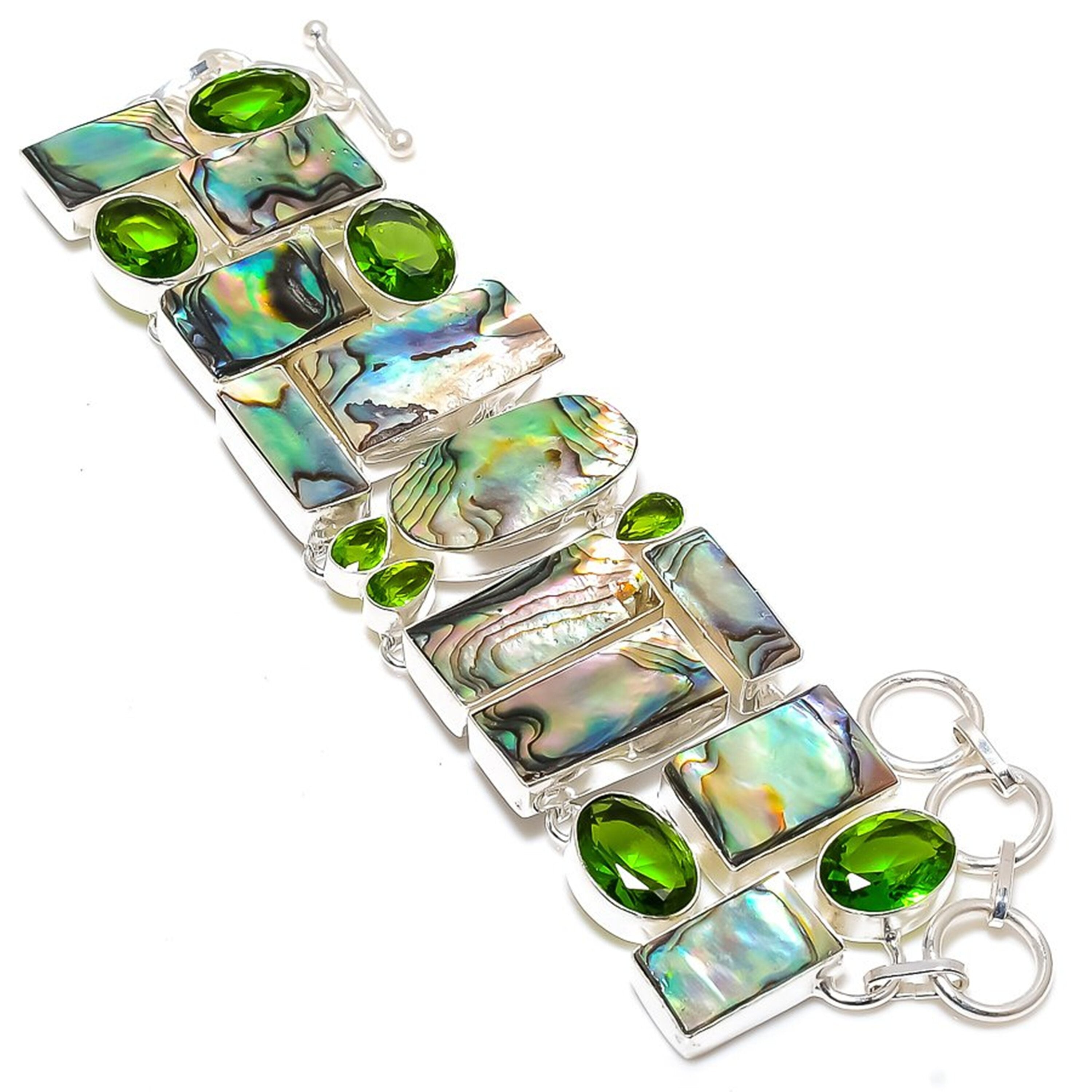 Abalone Shell Bracelet - Abalone Paua Shell & Peridot Gemstone Silver Plated Bracelet - Multi Color Shell Unique Jewelry - Gift For Women