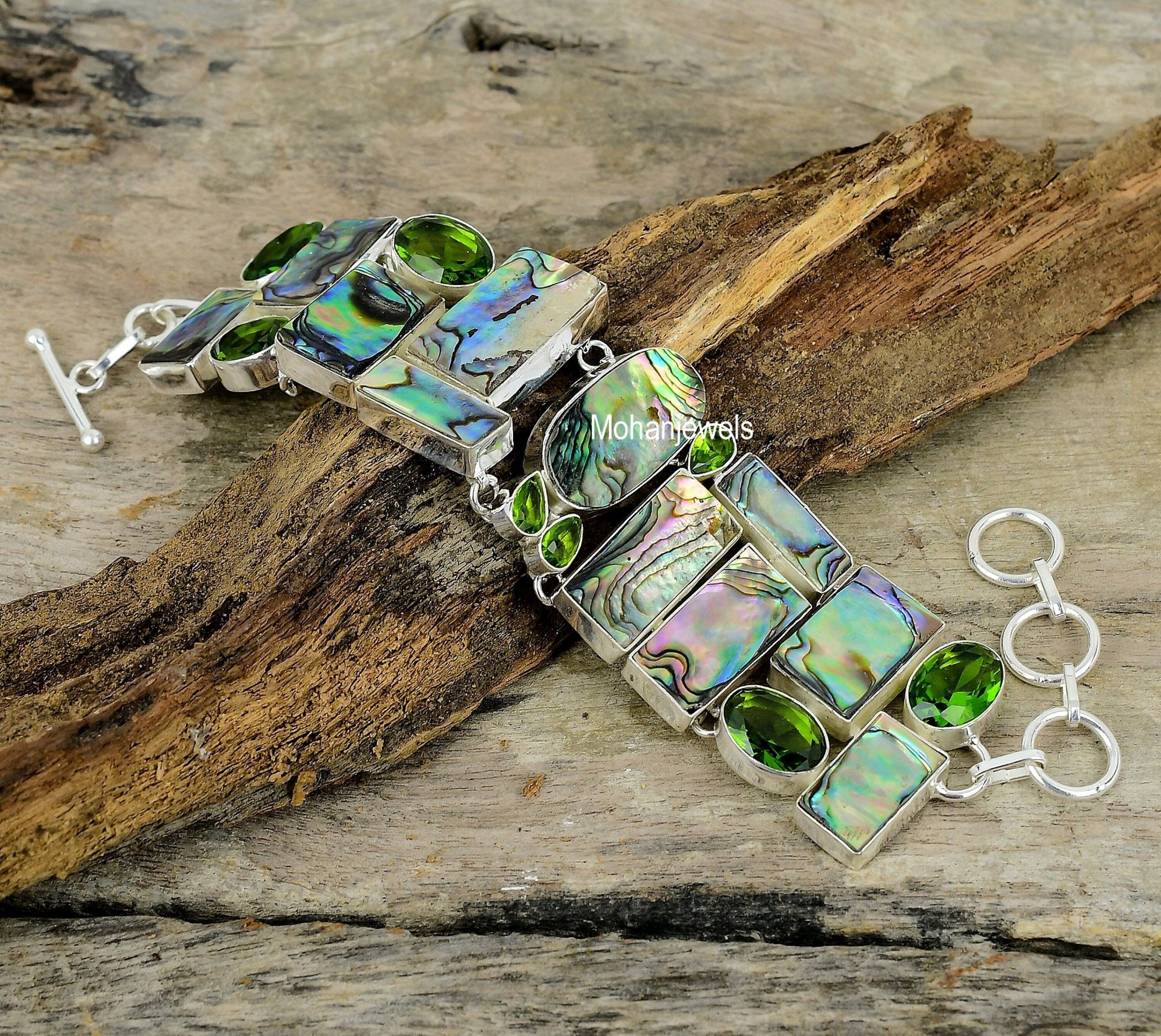 Abalone Shell Bracelet - Abalone Paua Shell & Peridot Gemstone Silver Plated Bracelet - Multi Color Shell Unique Jewelry - Gift For Women