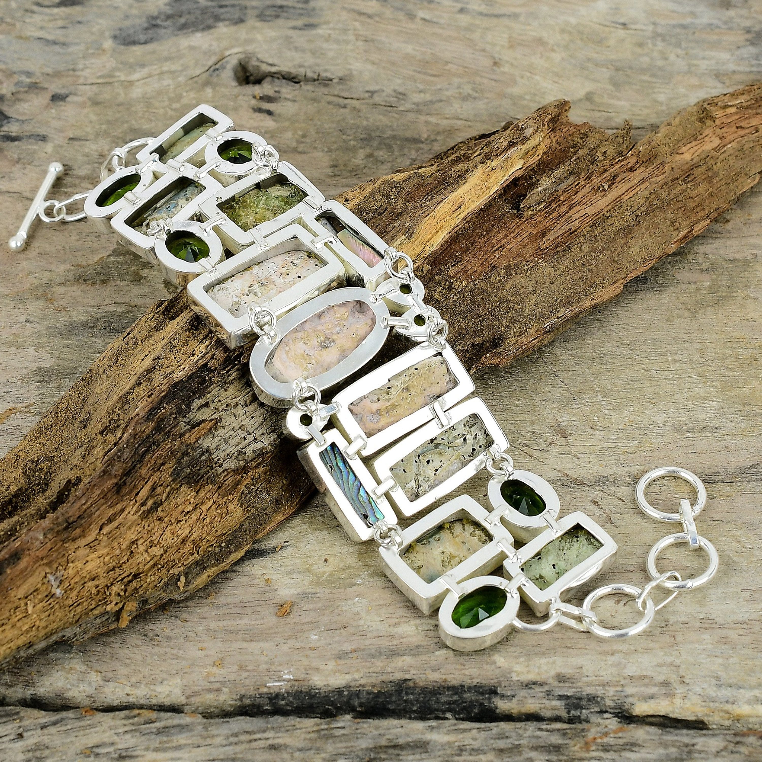 Abalone Shell Bracelet - Abalone Paua Shell & Peridot Gemstone Silver Plated Bracelet - Multi Color Shell Unique Jewelry - Gift For Women