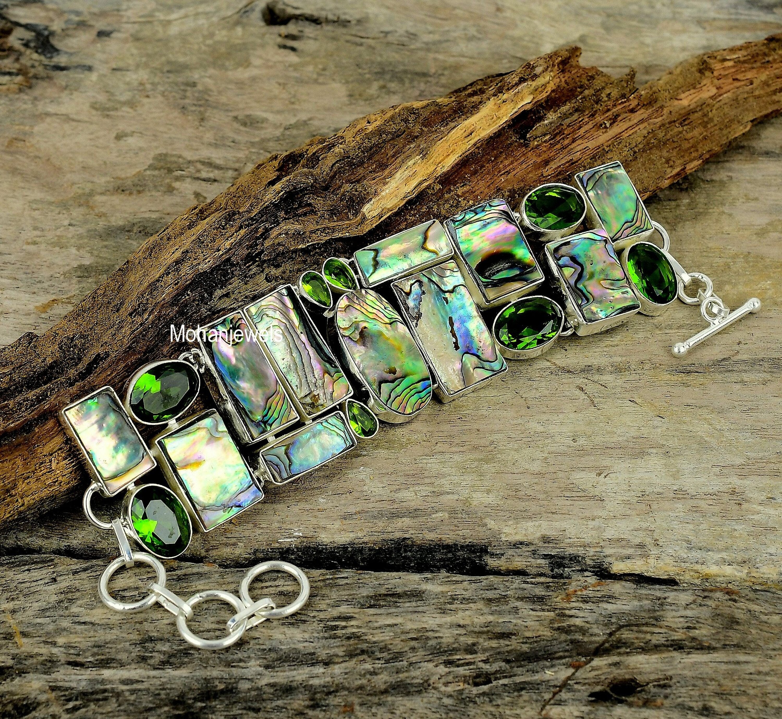 Abalone Shell Bracelet - Abalone Paua Shell & Peridot Gemstone Silver Plated Bracelet - Multi Color Shell Unique Jewelry - Gift For Women