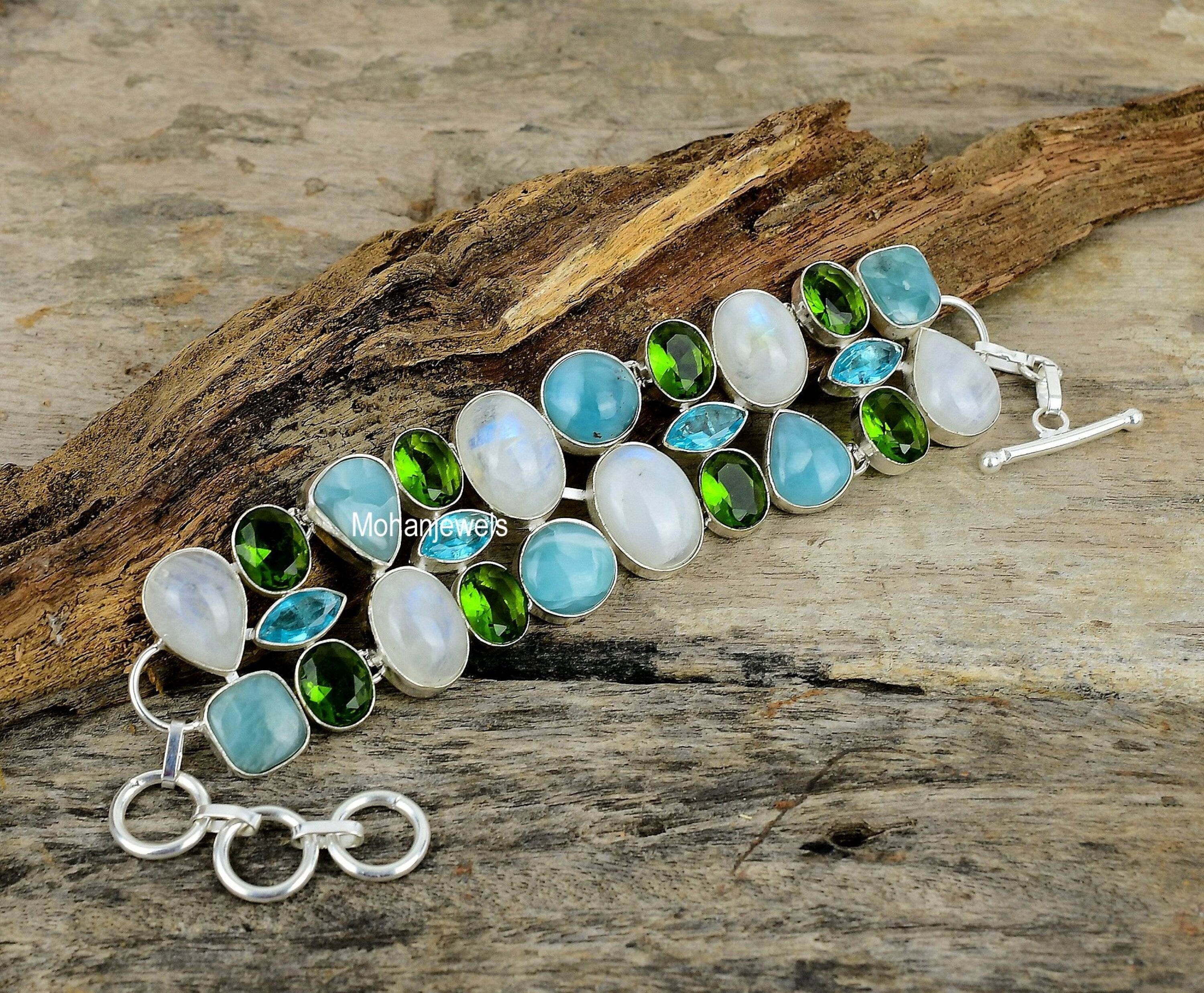 Moonstone Larimar Blue Topaz & Peridot Bracelet, Multi Gemstone Silver Plated Jewelry, Healing Stone Jewelry, Anniversary Gift For Her