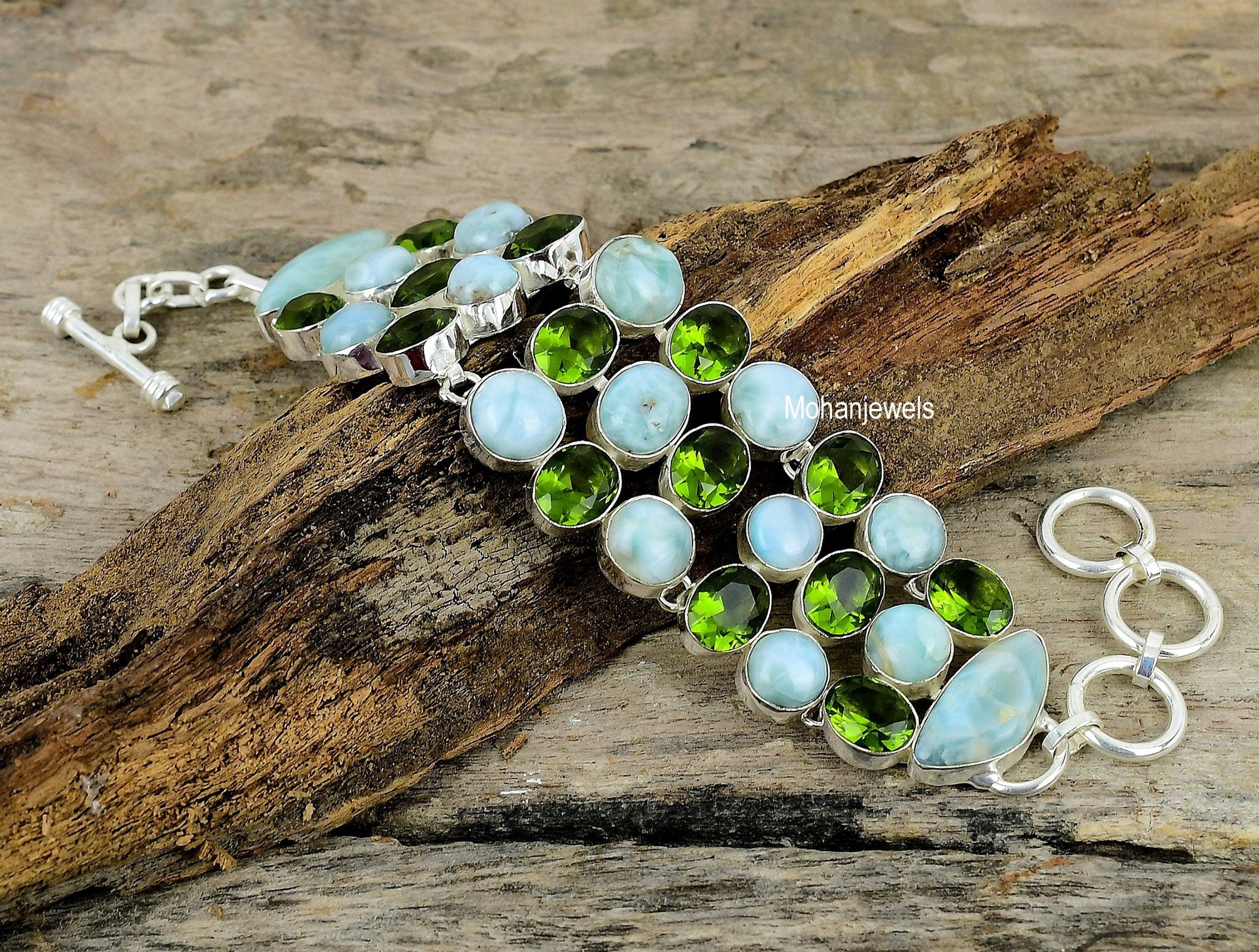 Larimar Bracelet, Genuine Larimar & Peridot Gemstone Silver Plated Bracelet, Multi Stone Jewelry, Handmade Designer Jewelry, Wedding Jewelry