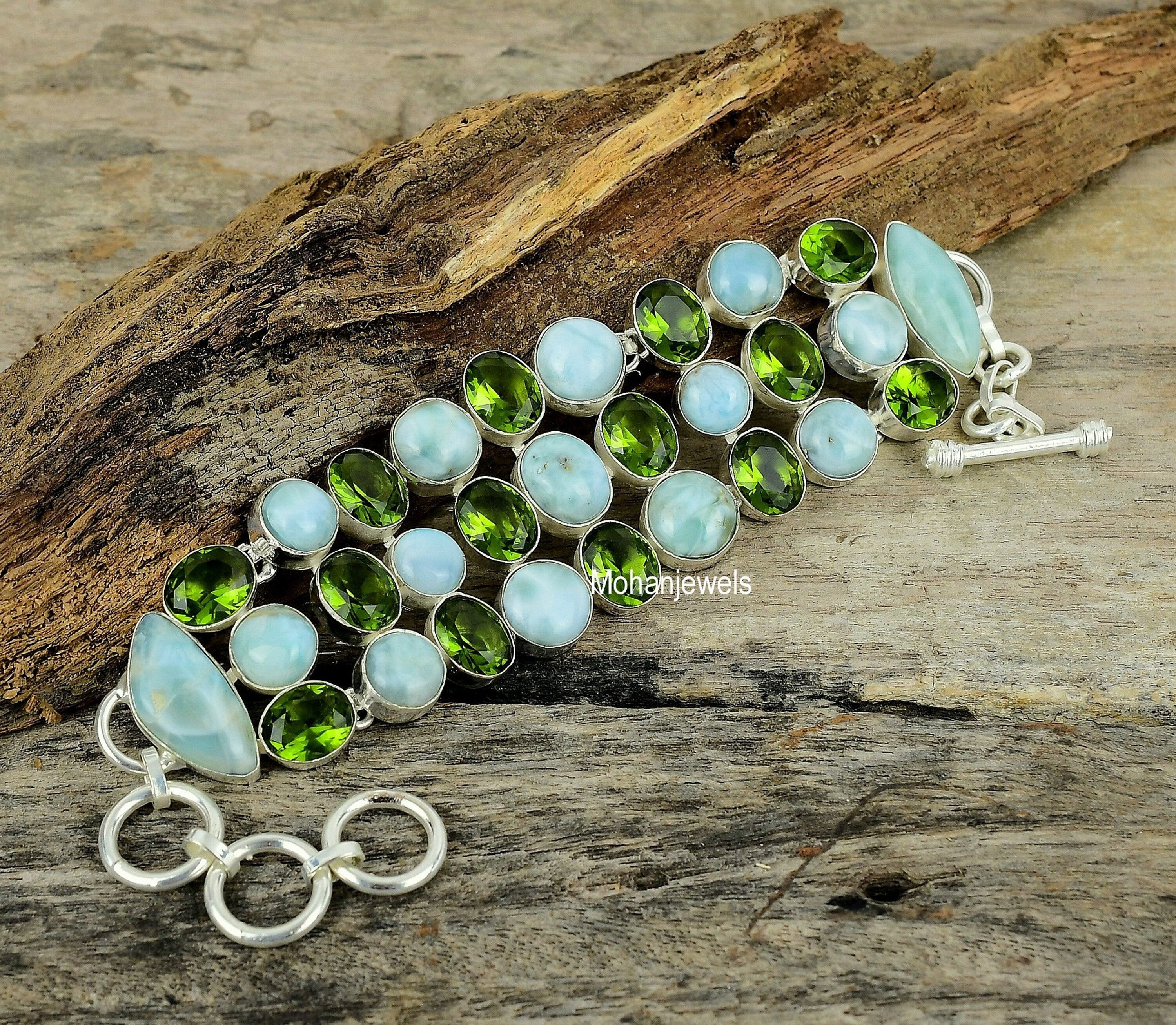 Larimar Bracelet, Genuine Larimar & Peridot Gemstone Silver Plated Bracelet, Multi Stone Jewelry, Handmade Designer Jewelry, Wedding Jewelry