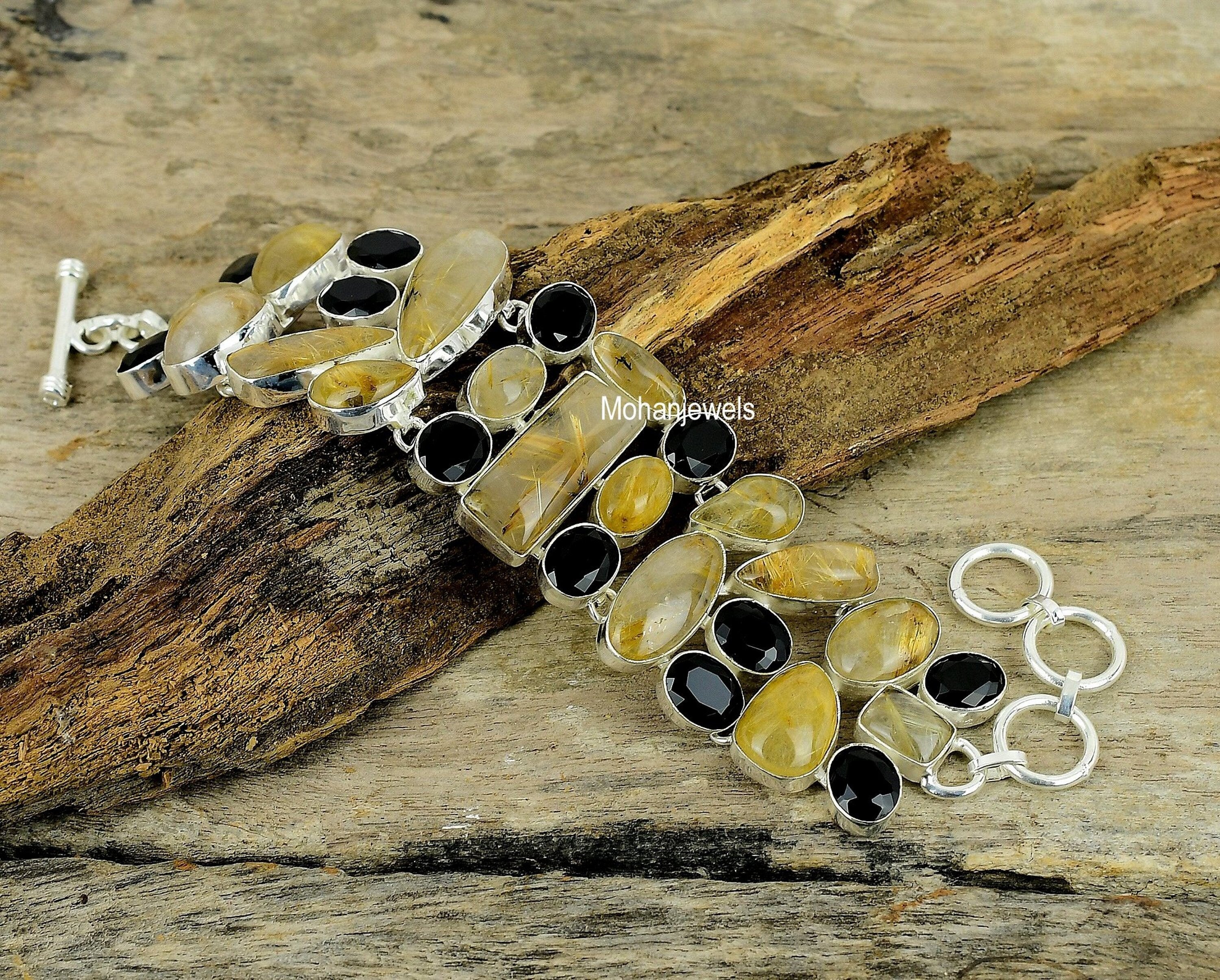 Golden Rutile Quartz Bracelet, Rutilated Quartz & Black Onyx Gemstone Silver Plated Bracelet, Handmade Unique Fashion Jewelry Gift for Wife