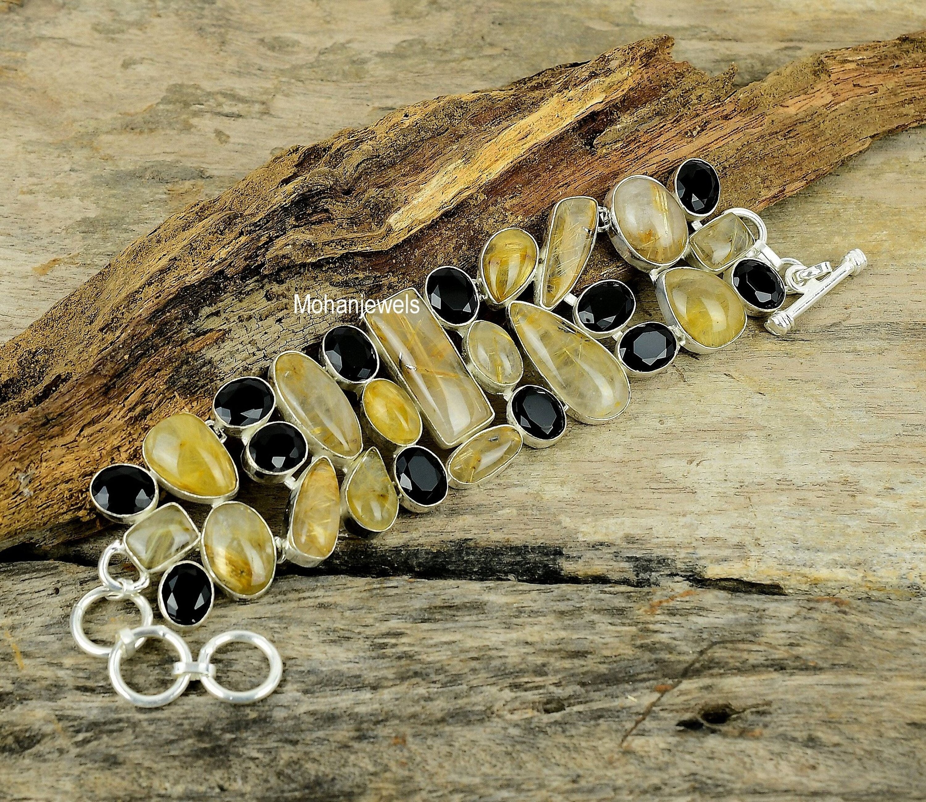 Golden Rutile Quartz Bracelet, Rutilated Quartz & Black Onyx Gemstone Silver Plated Bracelet, Handmade Unique Fashion Jewelry Gift for Wife