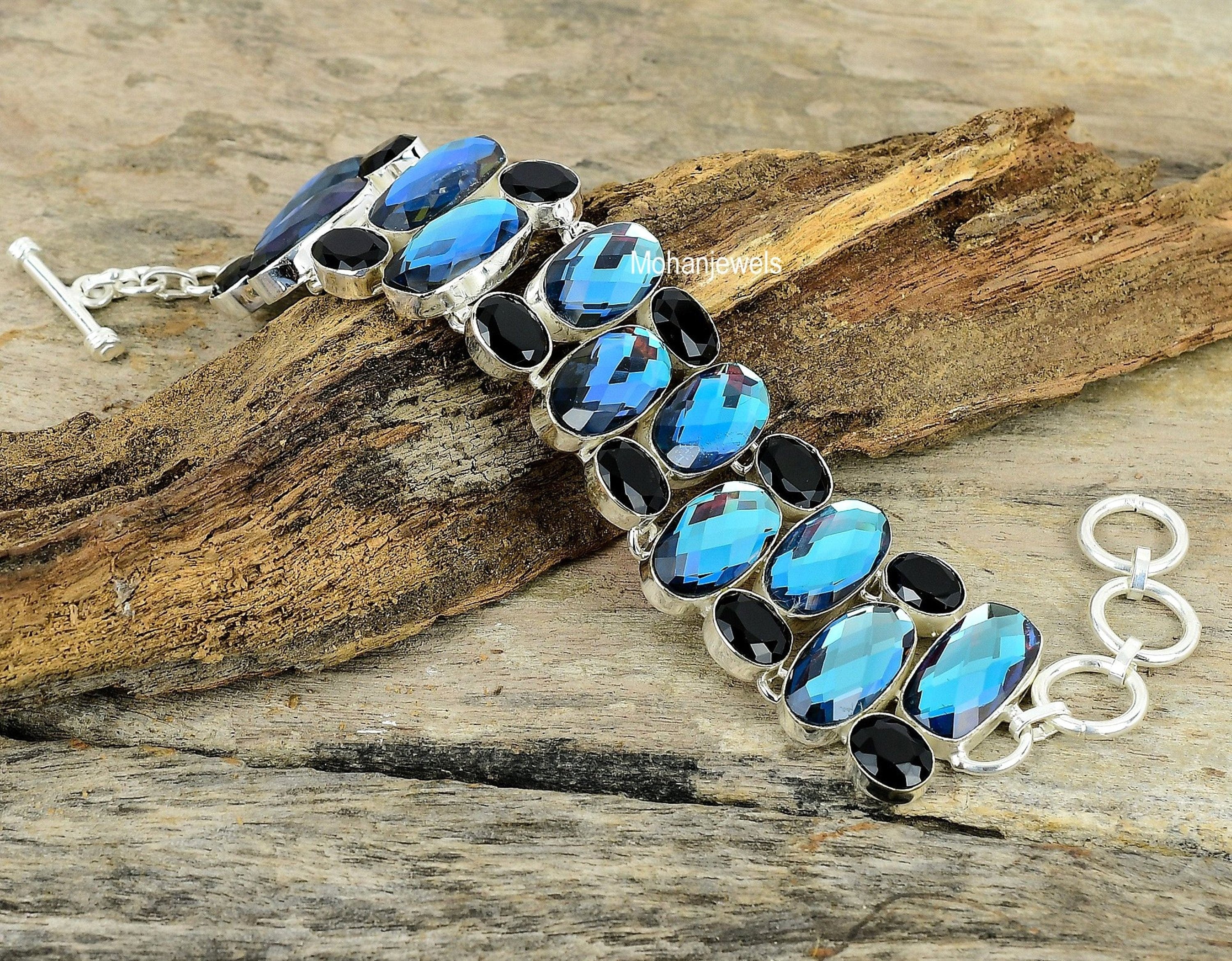 Mystic Topaz Bracelet, Faceted Mystic Topaz & Black Onyx Gemstone Silver Plated Bracelet, Blue Stone Jewelry, Fashion Jewelry Gift For Women