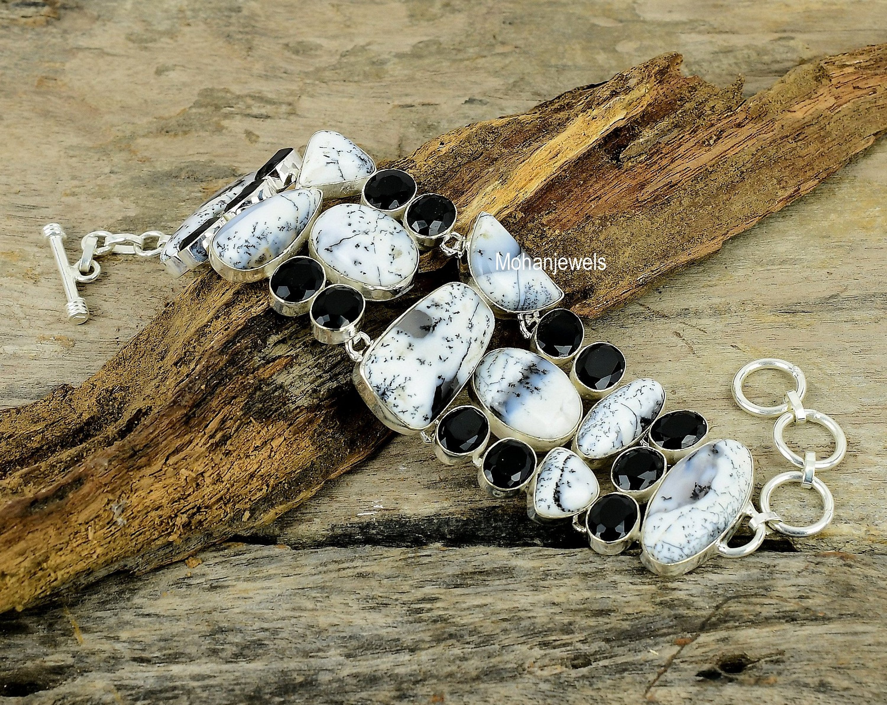 Dendrite Opal Bracelet, Dendritic Opal & Black Onyx Gemstone Silver Plated Bracelet, Unique Handcrafted Bracelet, Wedding Jewelry For Gift