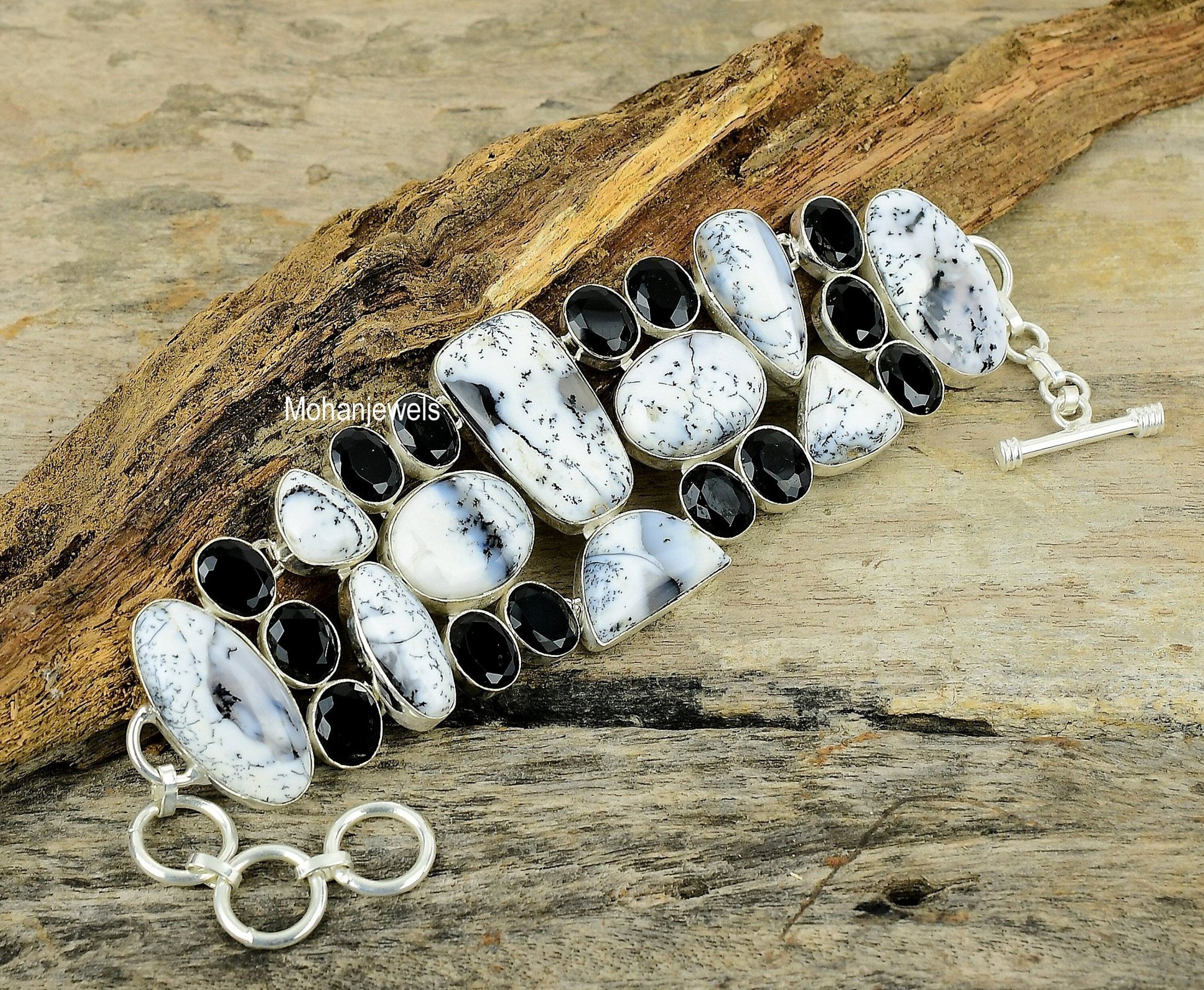 Dendrite Opal Bracelet, Dendritic Opal & Black Onyx Gemstone Silver Plated Bracelet, Unique Handcrafted Bracelet, Wedding Jewelry For Gift