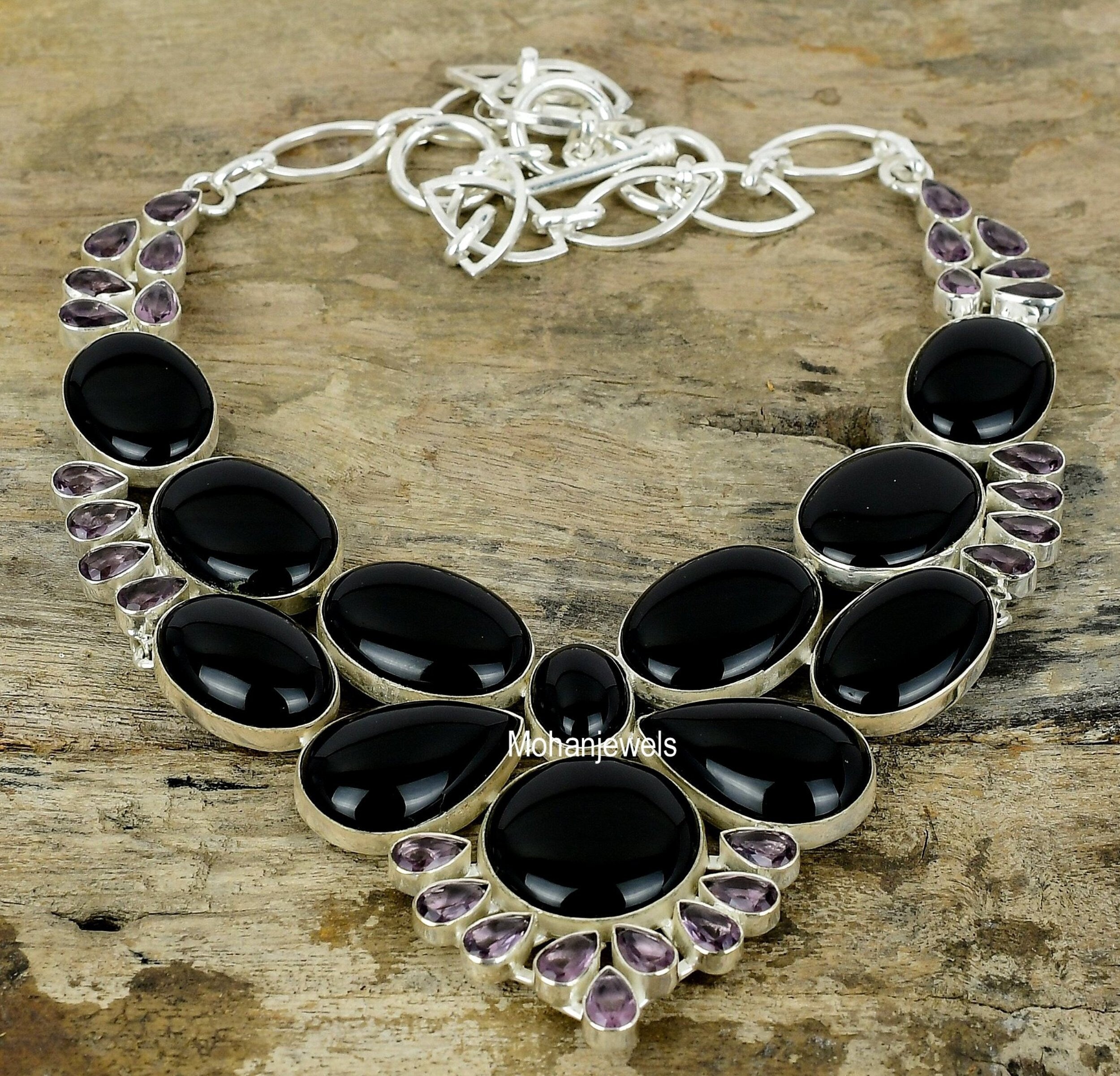 Black Onyx Necklace, Amethyst & Mexican Black Onyx Gemstone Necklace, 925 silver Plated Necklace,Handmade Unique Necklace, Gift for Her