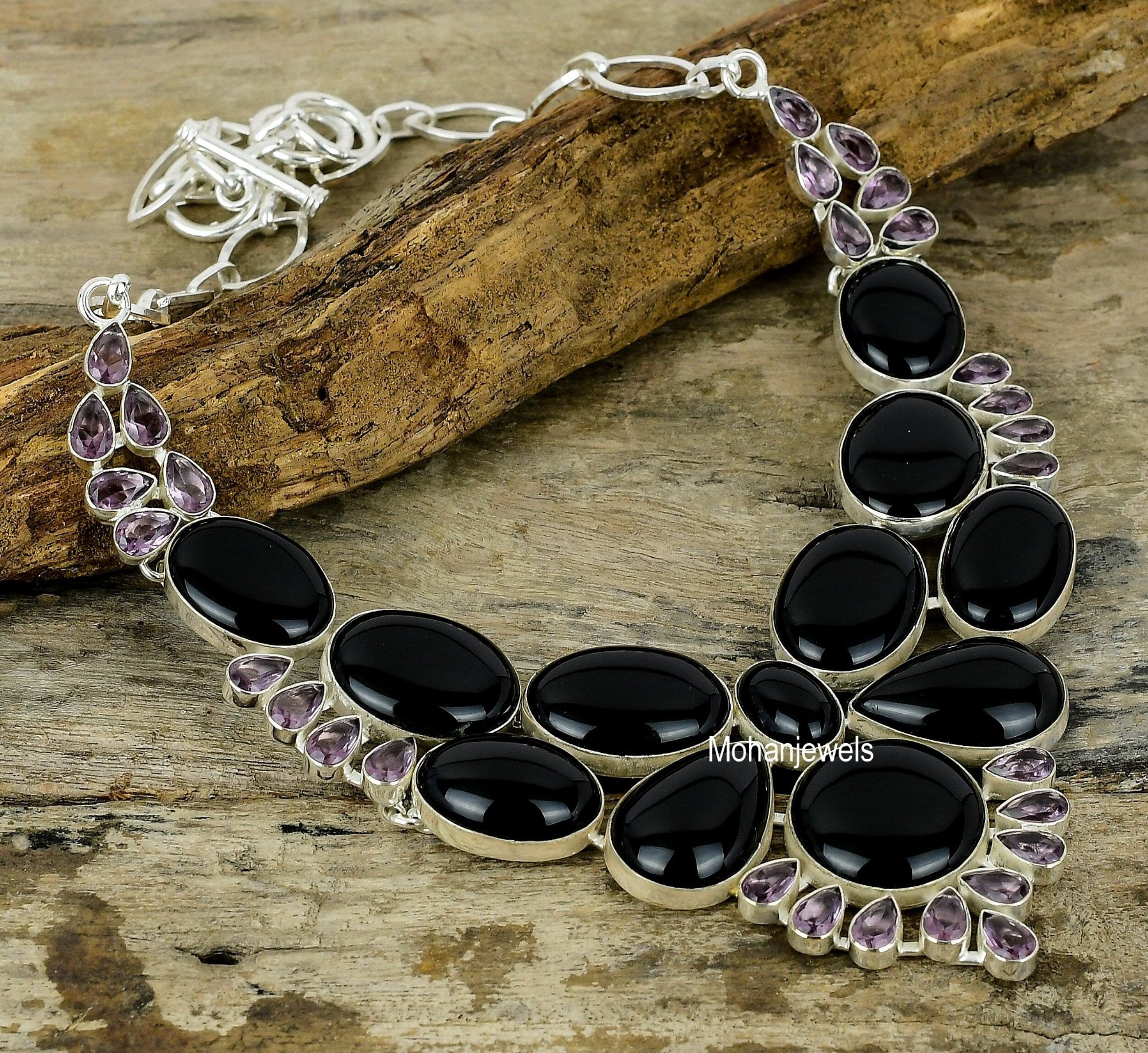 Black Onyx Necklace, Amethyst & Mexican Black Onyx Gemstone Necklace, 925 silver Plated Necklace,Handmade Unique Necklace, Gift for Her