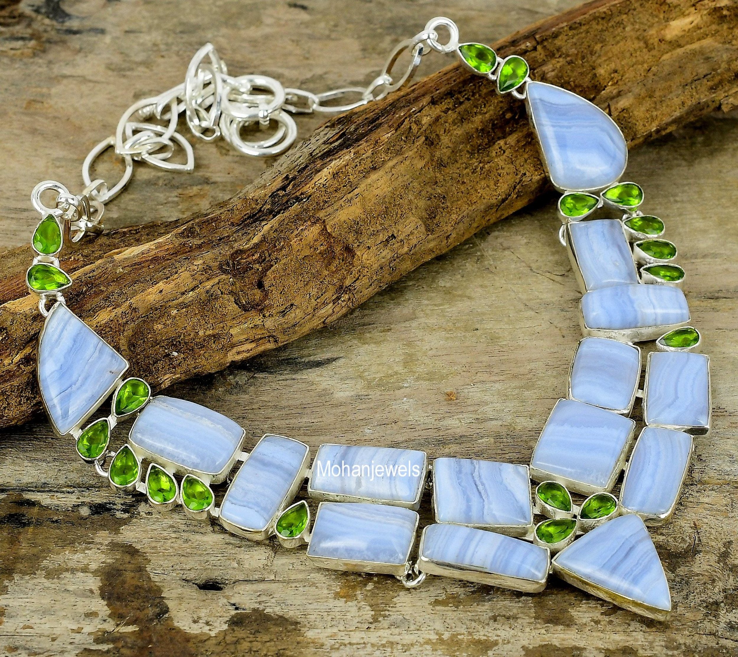 Blue Lace Agate Necklace, Blue Lace Agate & Peridot Silver Plated Necklace, Handmade Jewelry, Bohemian Necklace, Unique Jewelry Gift For Her