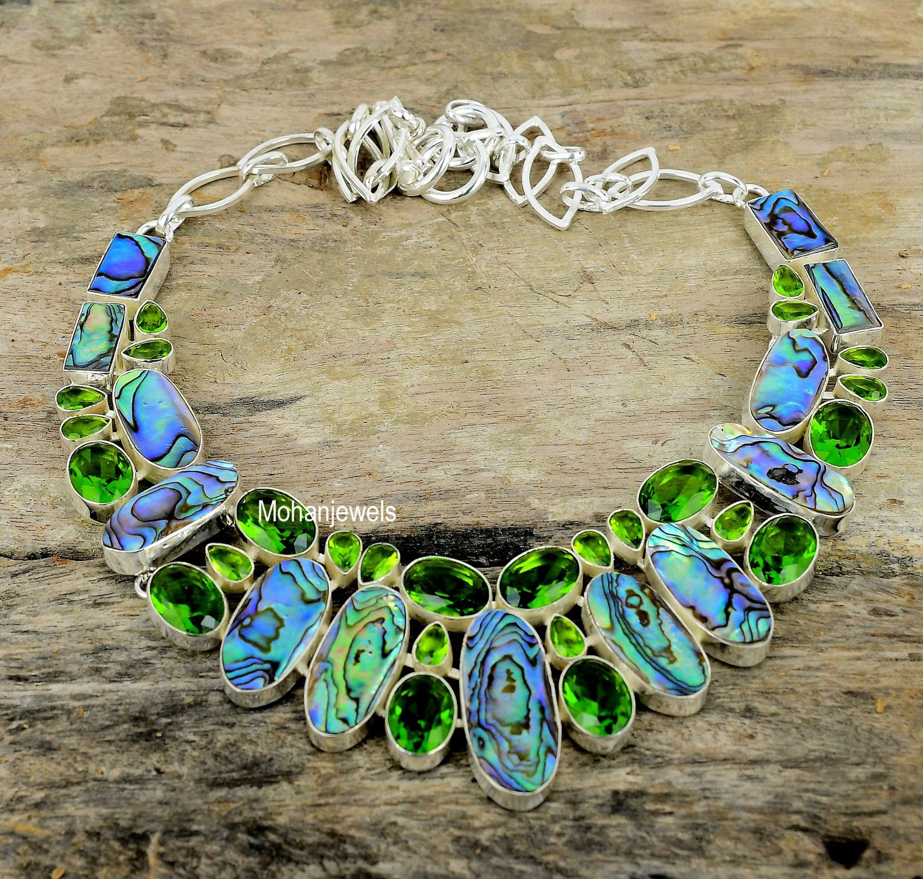 Abalone Shell Necklace, Abalone Paua Shell & Peridot Gemstone Silver Plated Necklace, Unique Designer Jewelry, Wedding Jewelry Gift for Her