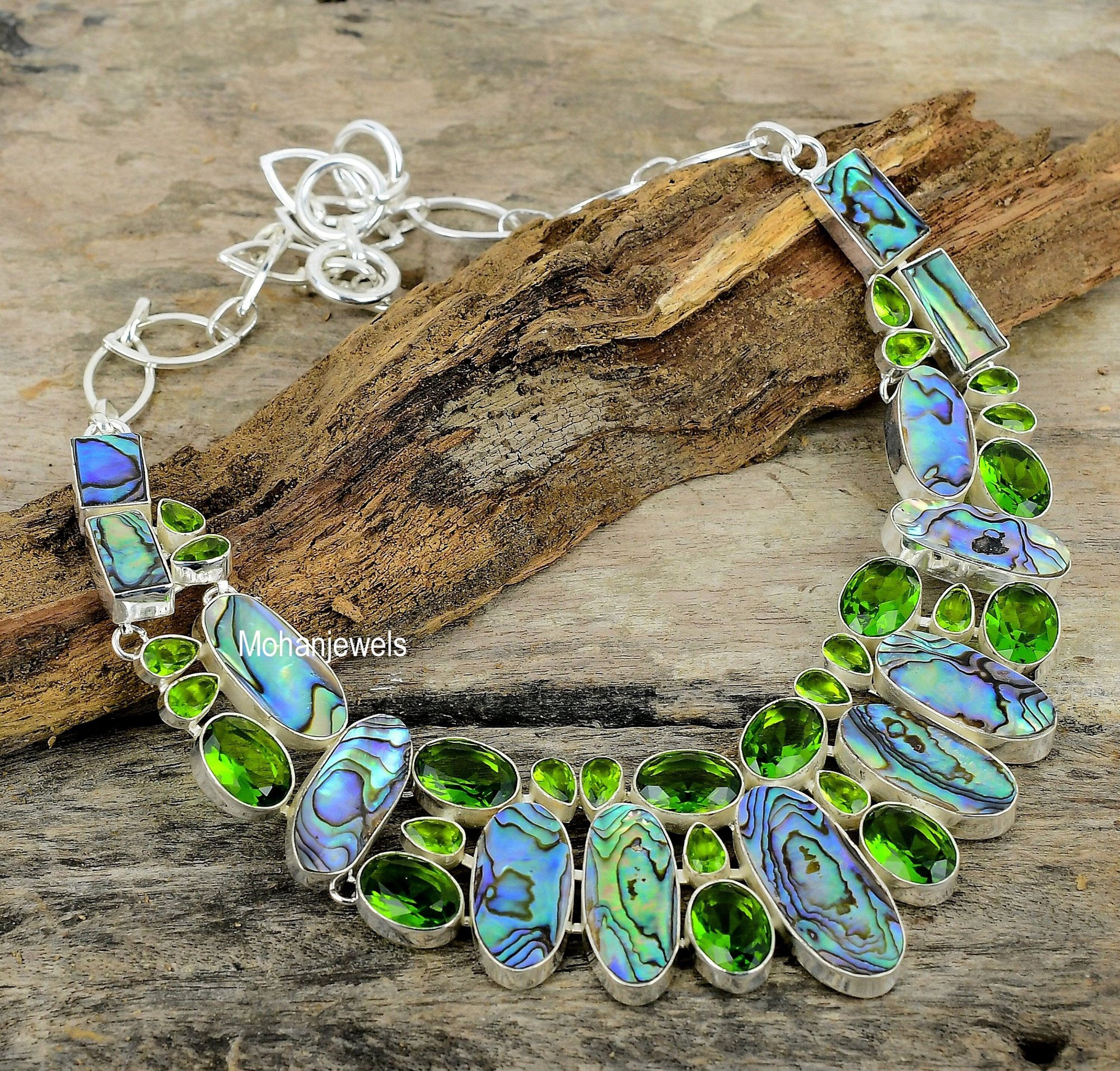 Abalone Shell Necklace, Abalone Paua Shell & Peridot Gemstone Silver Plated Necklace, Unique Designer Jewelry, Wedding Jewelry Gift for Her