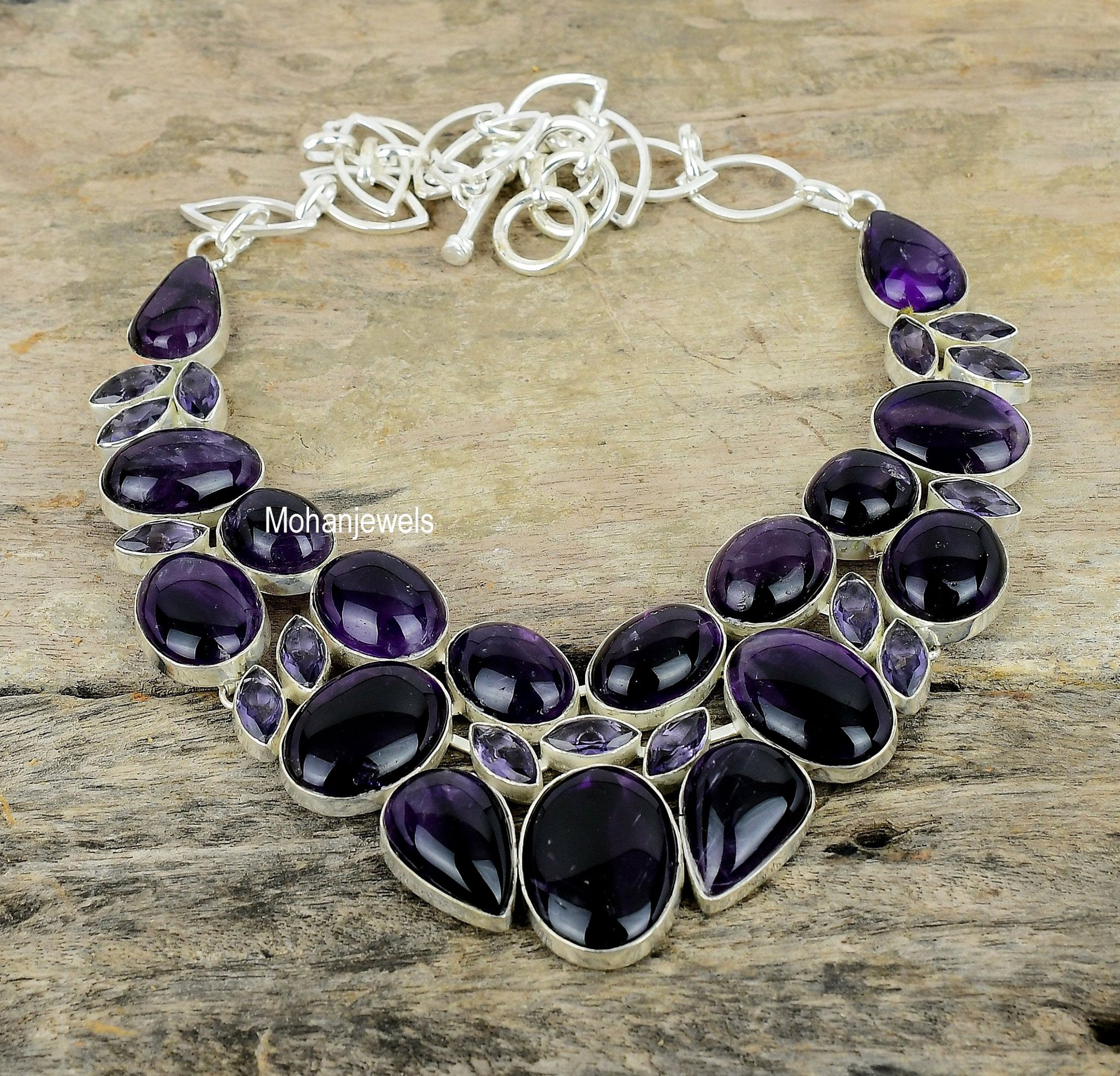 Amethyst Necklace, Deep Purple Amethyst 925 Silver Plated Handmade Necklace, Natural Gemstone Jewelry, Oval Amethyst Gift For Her