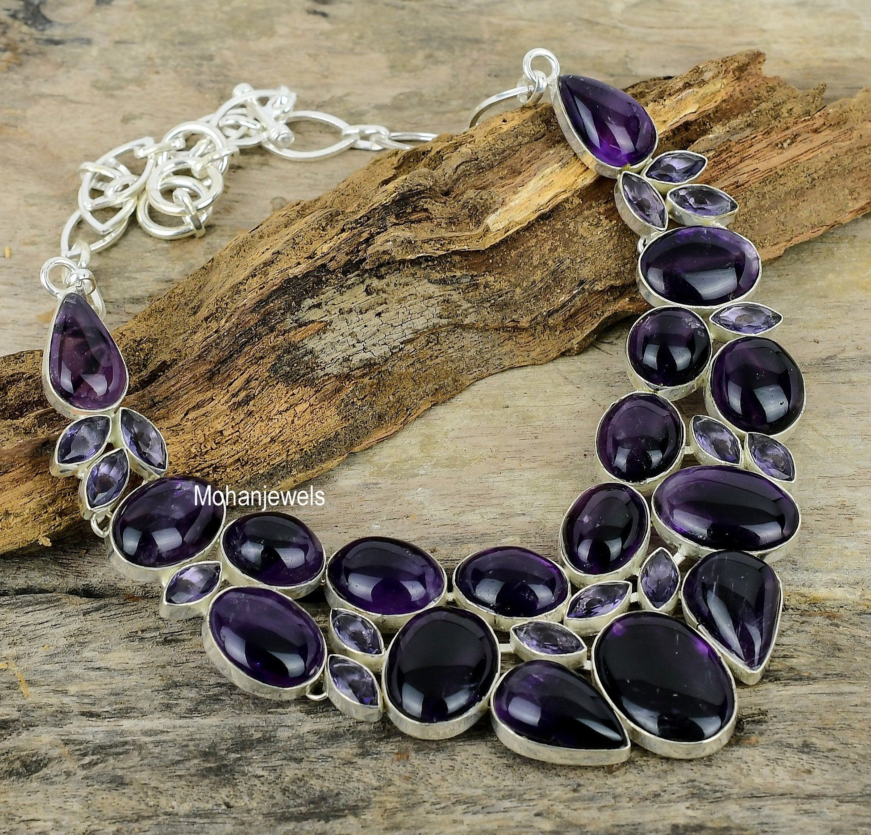 Amethyst Necklace, Deep Purple Amethyst 925 Silver Plated Handmade Necklace, Natural Gemstone Jewelry, Oval Amethyst Gift For Her