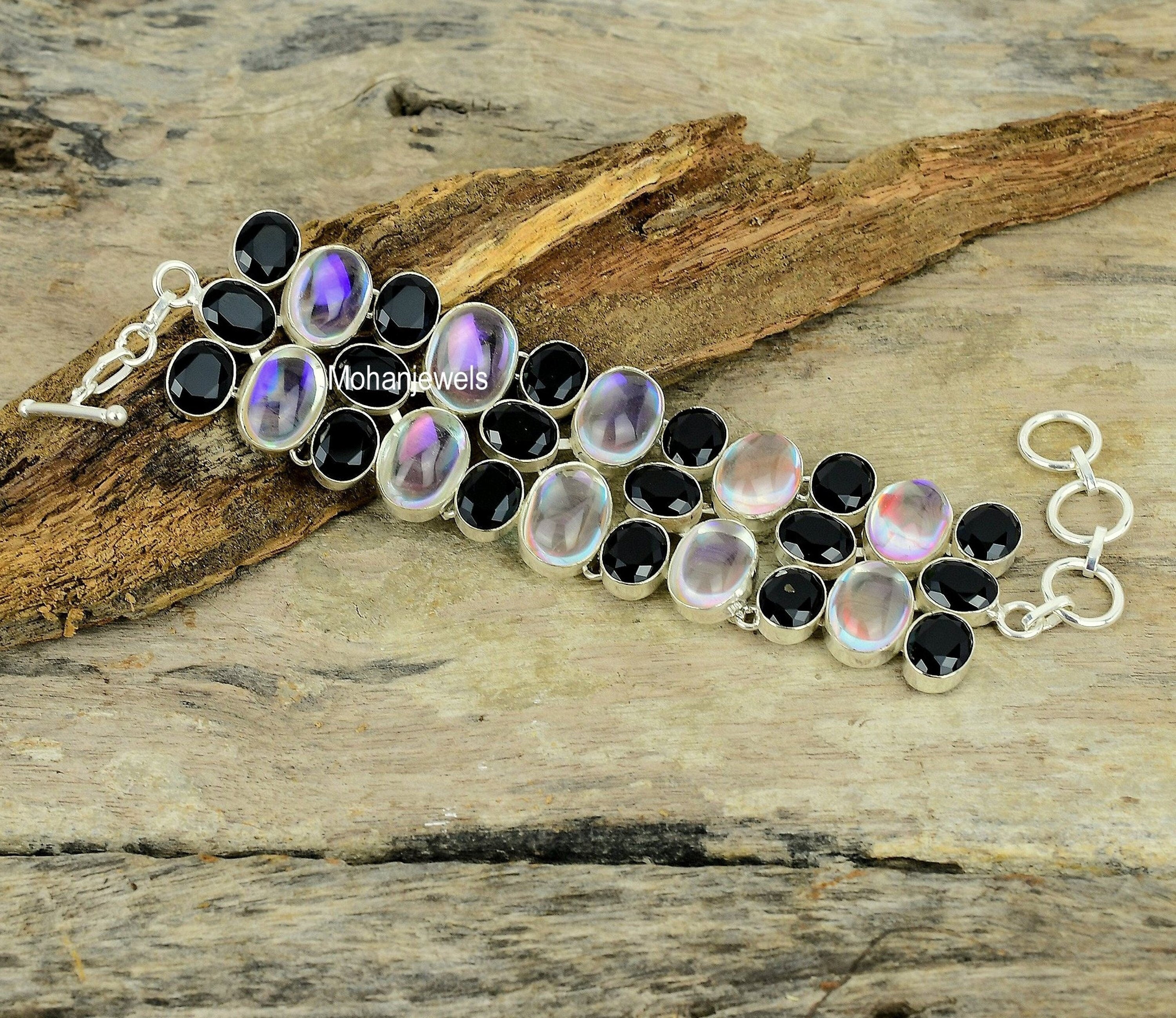 Angle Aura Quartz Bracelet - Rainbow Aura Quartz & Black Onyx Bracelet - Silver Plated Handmade Bracelet - Designer Bracelet - Gift For her