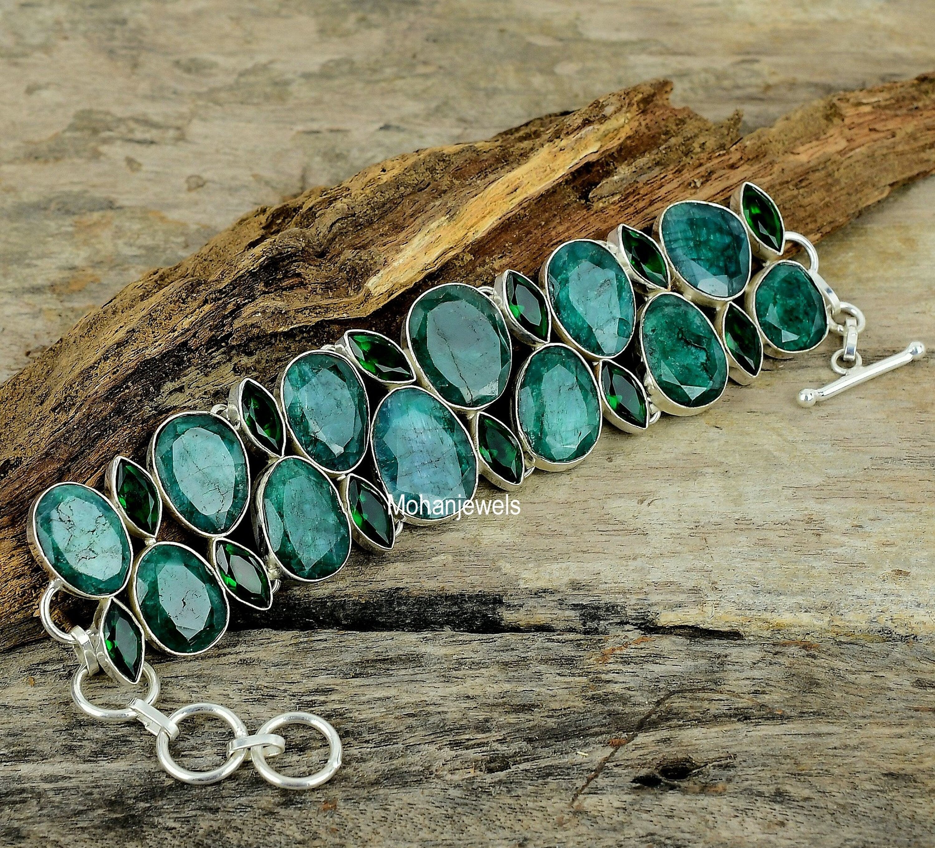 Emerald Bracelet, Sakota Mines Emerald & Chrome Diopside Gemstone Silver Plated Bracelet, Handcrafted Unique Designer Jewelry, Gift for Her