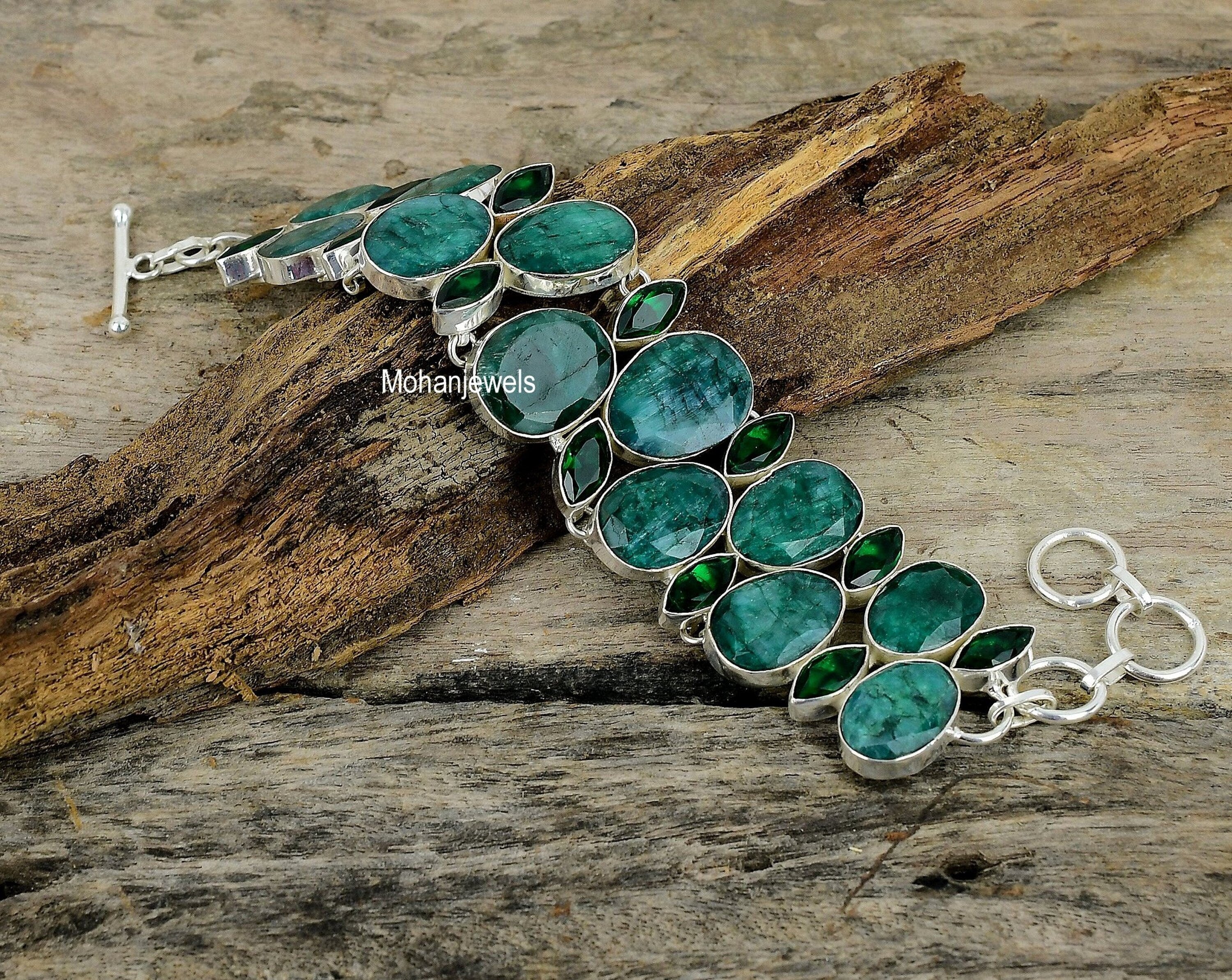 Emerald Bracelet, Sakota Mines Emerald & Chrome Diopside Gemstone Silver Plated Bracelet, Handcrafted Unique Designer Jewelry, Gift for Her