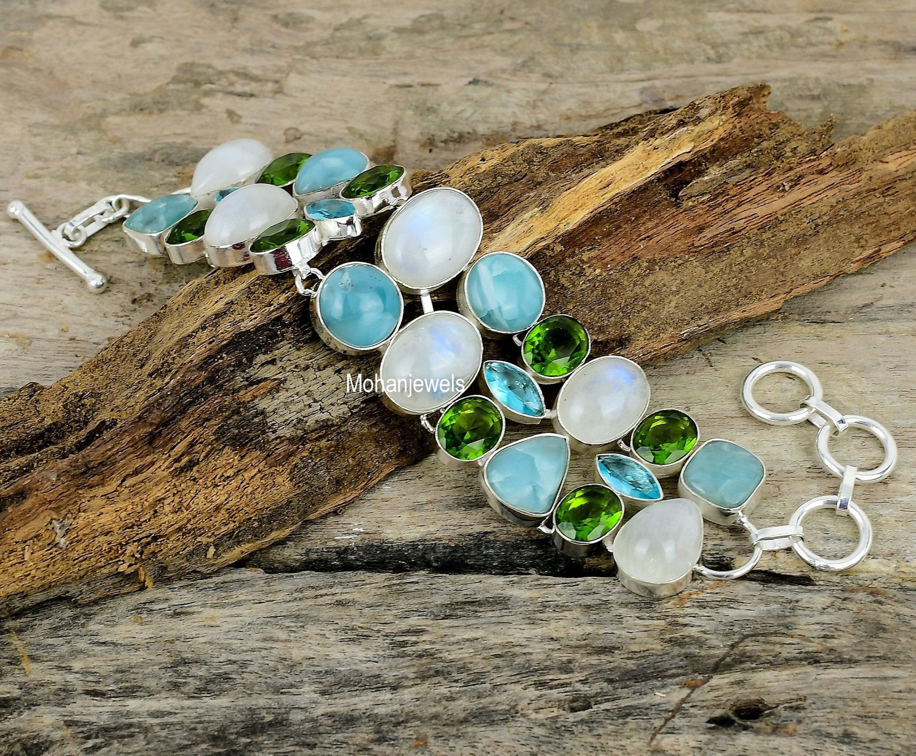 Moonstone Larimar Blue Topaz & Peridot Bracelet, Multi Gemstone Silver Plated Jewelry, Healing Stone Jewelry, Anniversary Gift For Her