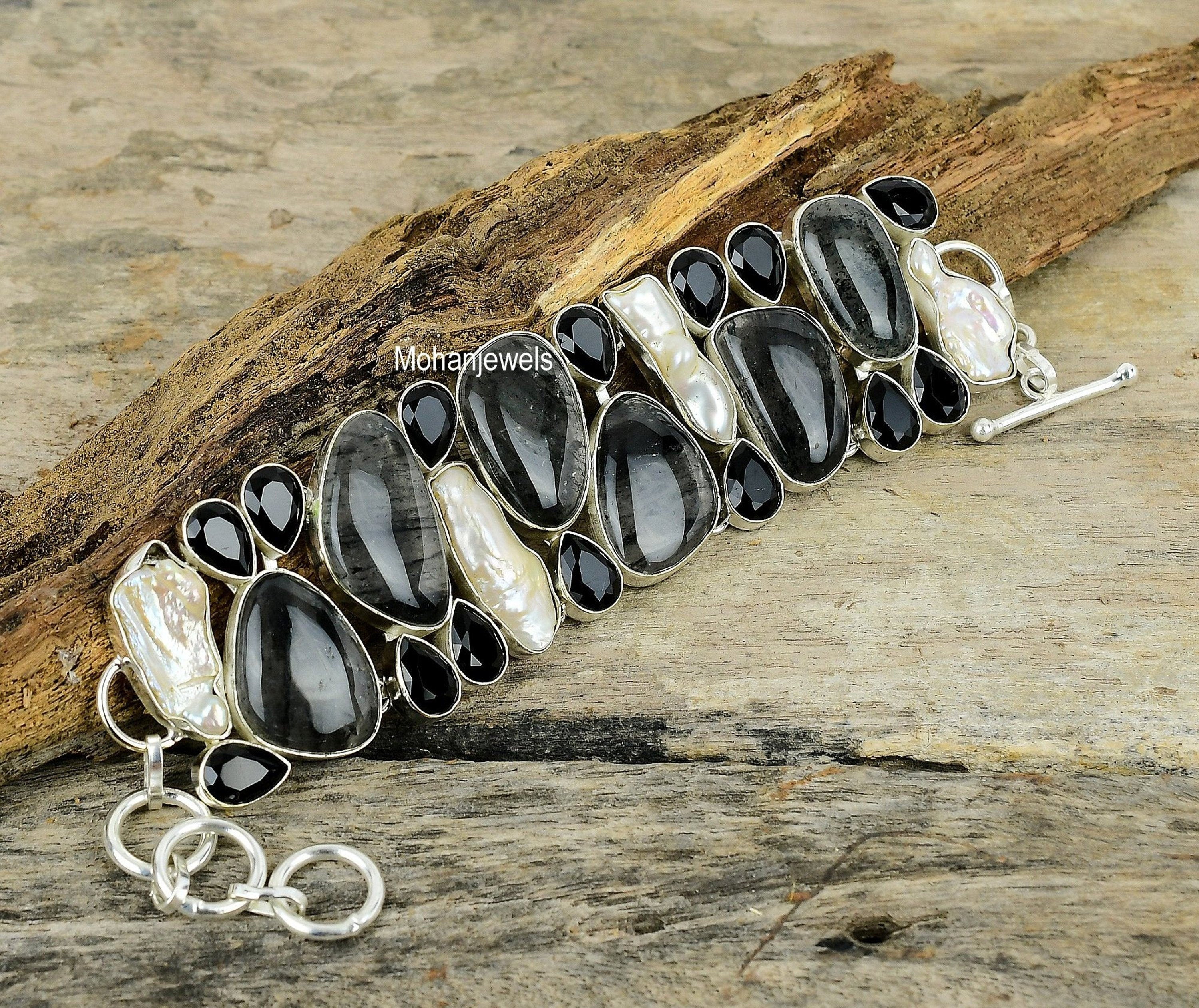 Black Rutilated Quartz Bracelet, Rutilated Quartz Biwa Pearl Black Onyx Silver Plated Bracelet, Healing Stone, Unique Designer Jewelry Gift