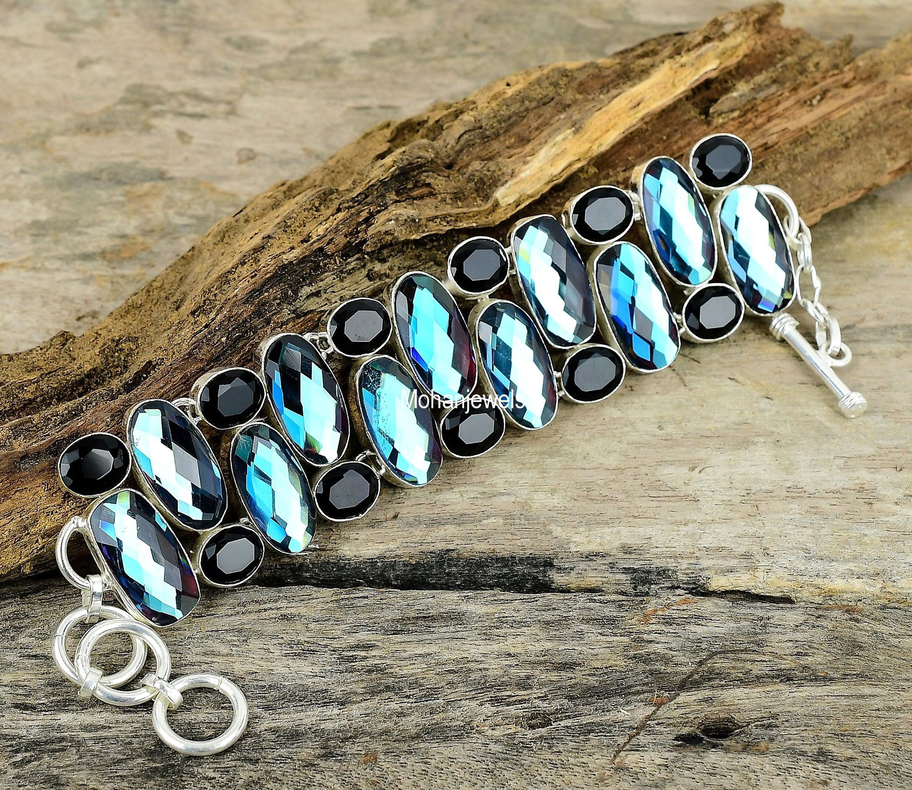 Mystic Topaz Bracelet, Faceted Mystic Topaz & Black Onyx Gemstone Silver Plated Bracelet, Blue Stone Jewelry, Fashion Jewelry Gift For Women