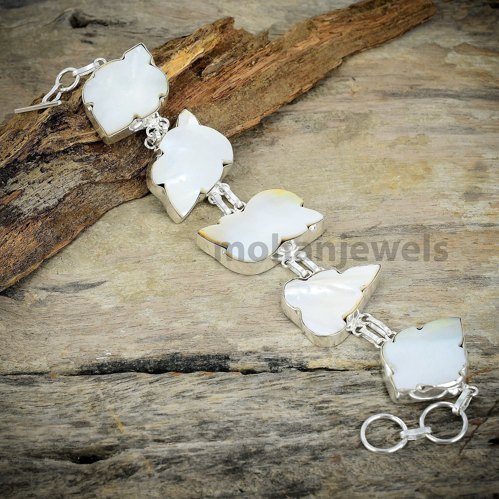 Mother of Pearl Bracelet - Mother of Pearl Sterling Silver Plated Bracelet - Leaf Carving Pearl Bracelet - White Pearl Jewelry For Bride