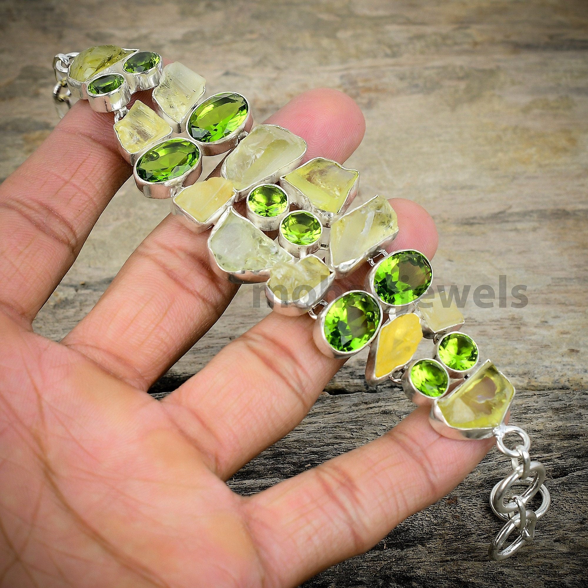 Lemon Quartz Rough Bracelet - Natural Lemon Quartz & Peridot Silver Plated Bracelet - Boho Bracelet -Rough Stone Jewelry - Statement Jewelry