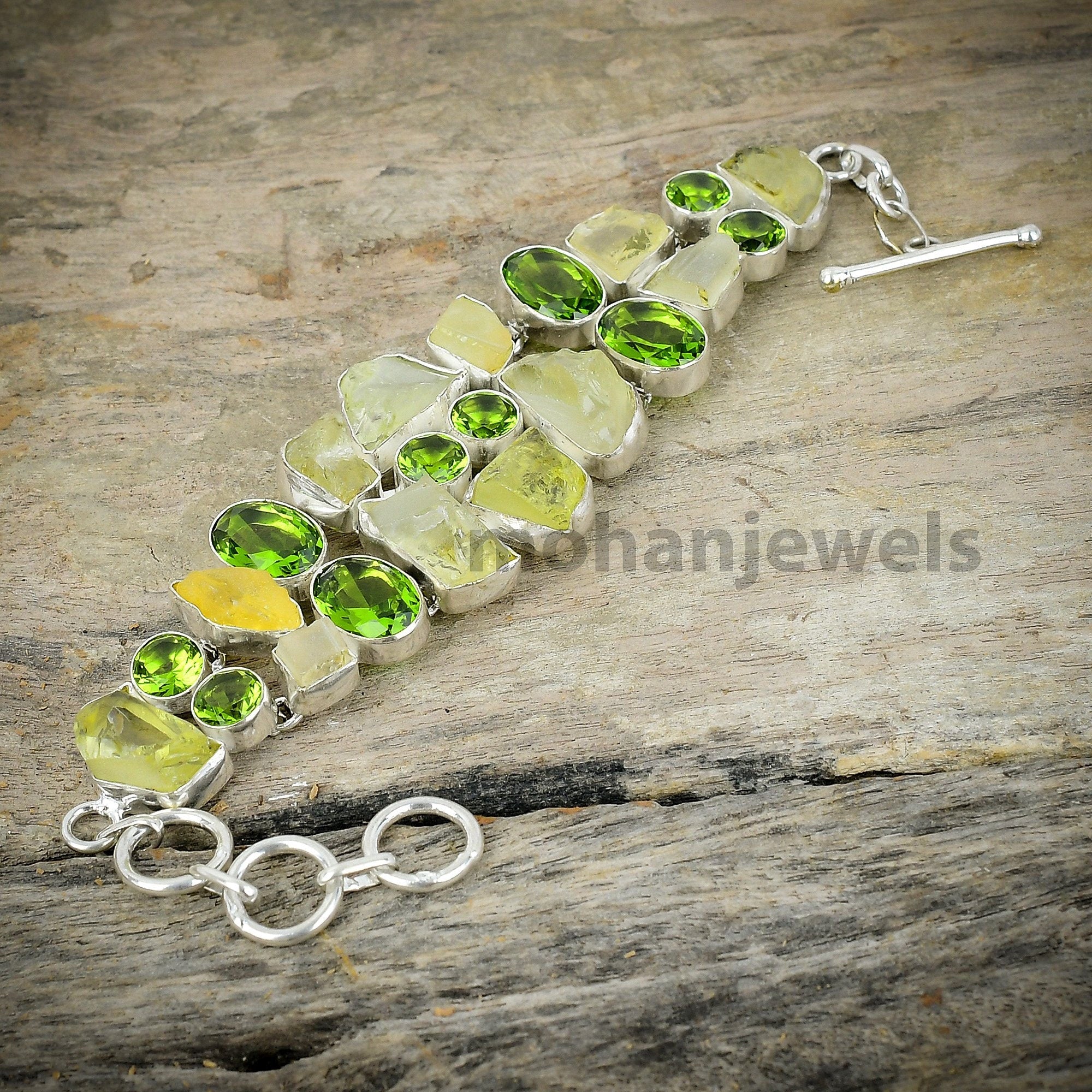 Lemon Quartz Rough Bracelet - Natural Lemon Quartz & Peridot Silver Plated Bracelet - Boho Bracelet -Rough Stone Jewelry - Statement Jewelry