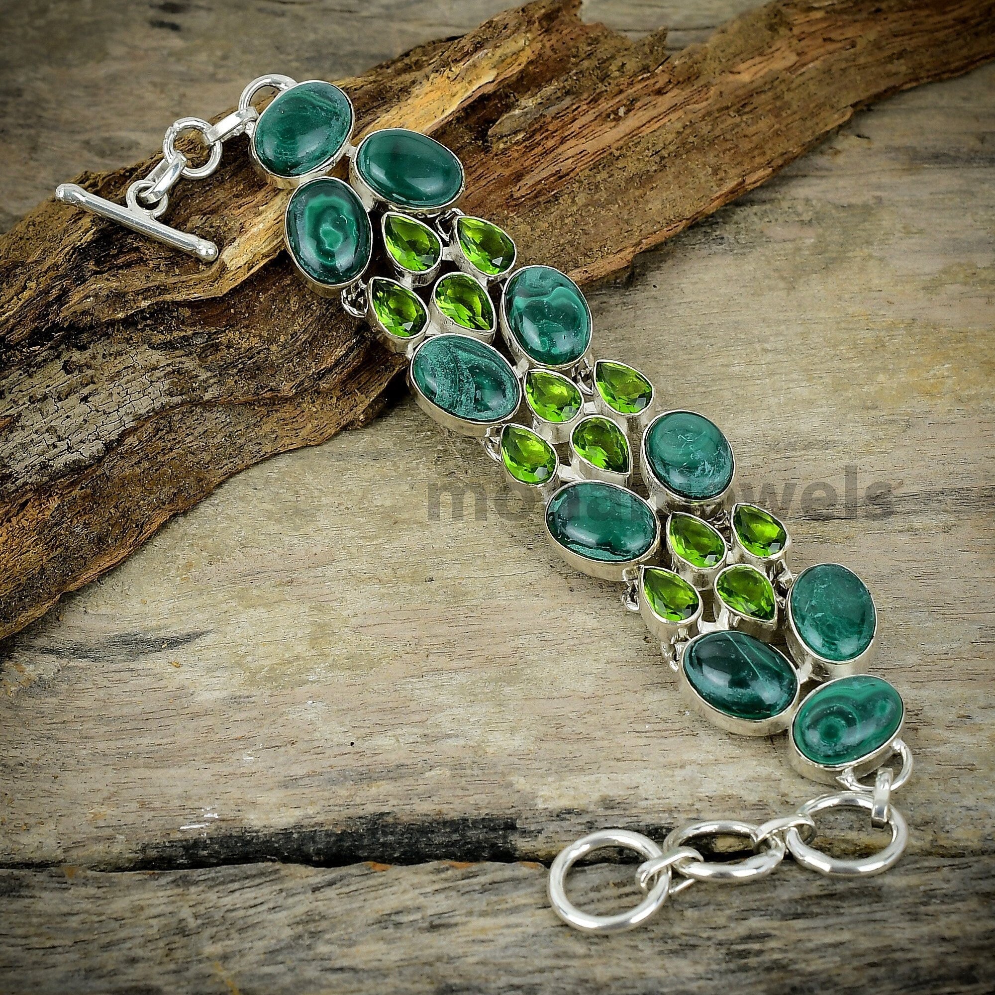 Malachite Bracelet, Malachite & Peridot Silver Plated Bracelet, Handmade Bracelet, Boho Jewelry, Metaphysical Crystal, Anniversary Gift