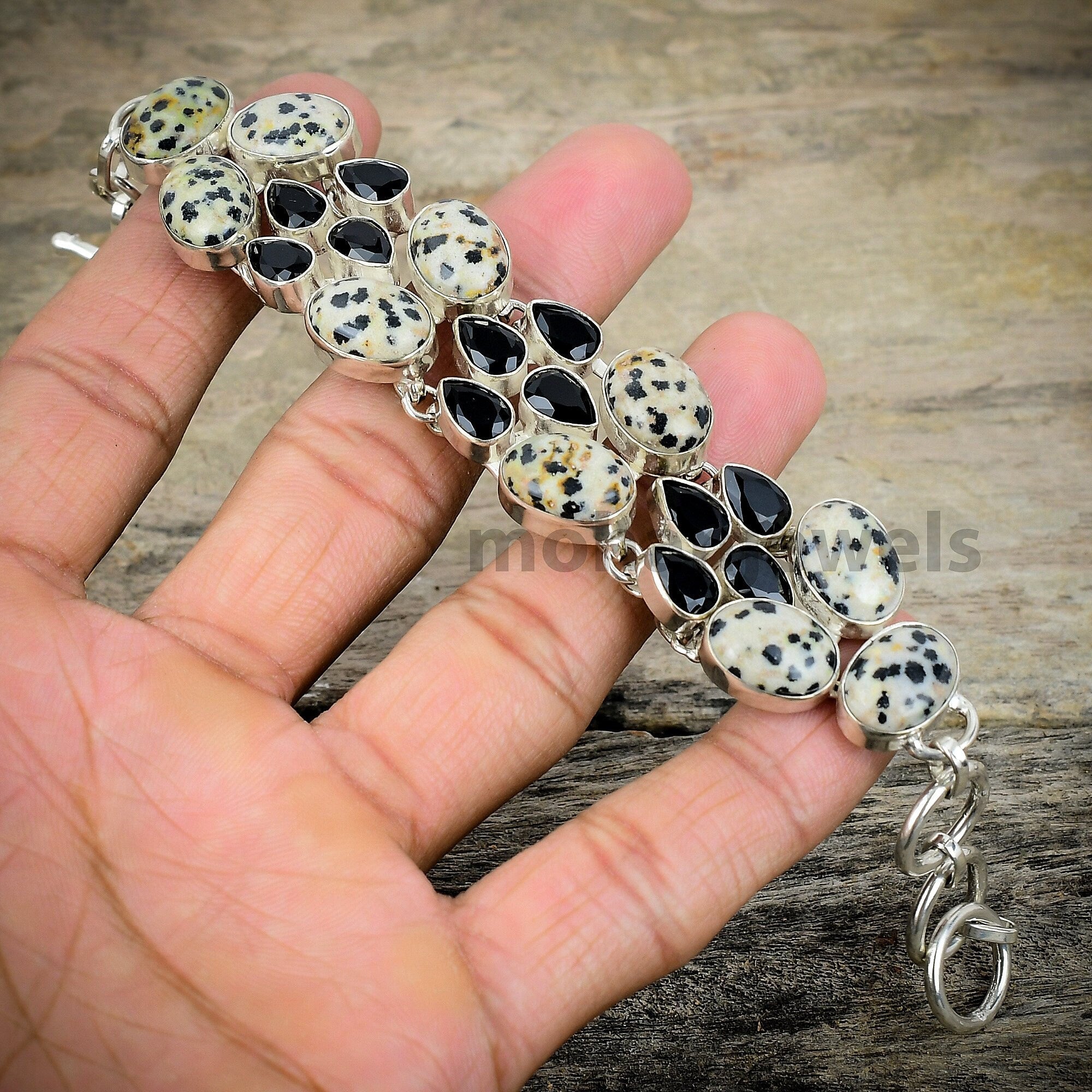 Dalmatian Jasper Bracelet - Dalmatian Jasper & Black Onyx Silver Plated Bracelet - Handmade Jewelry - Unique Jewelry - Women's Bracelet Gift