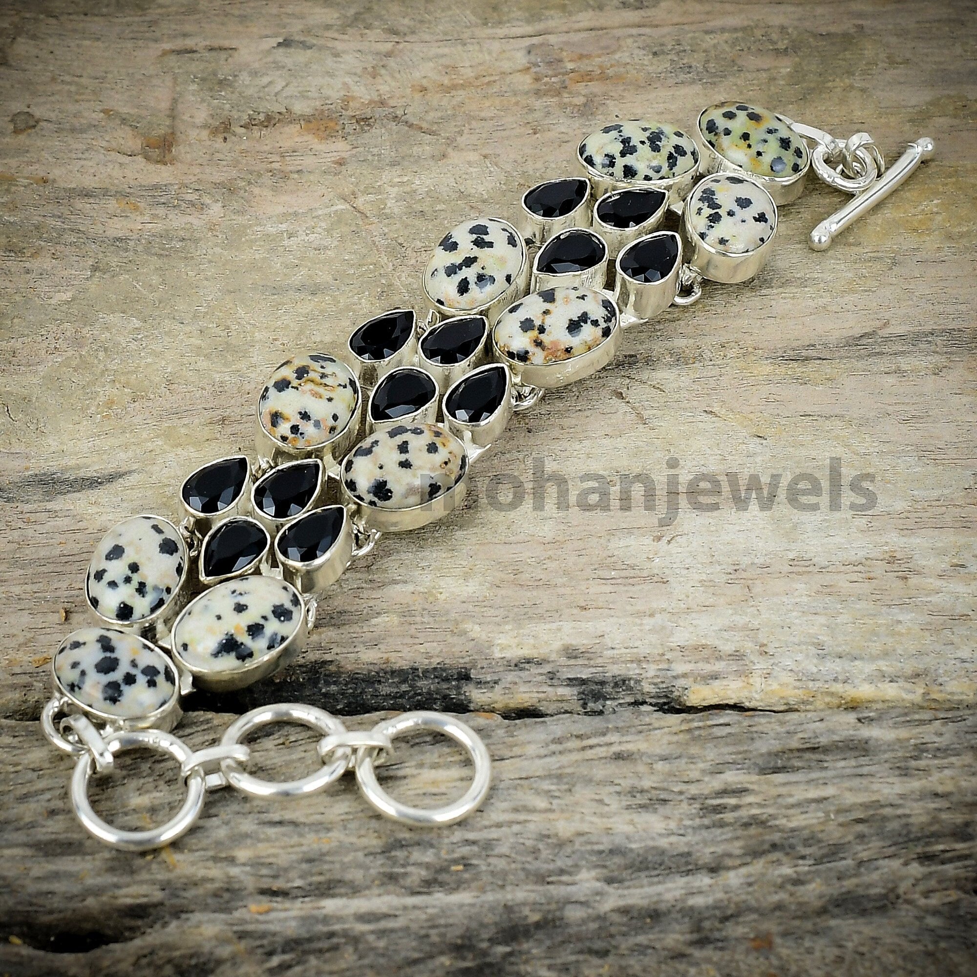 Dalmatian Jasper Bracelet - Dalmatian Jasper & Black Onyx Silver Plated Bracelet - Handmade Jewelry - Unique Jewelry - Women's Bracelet Gift