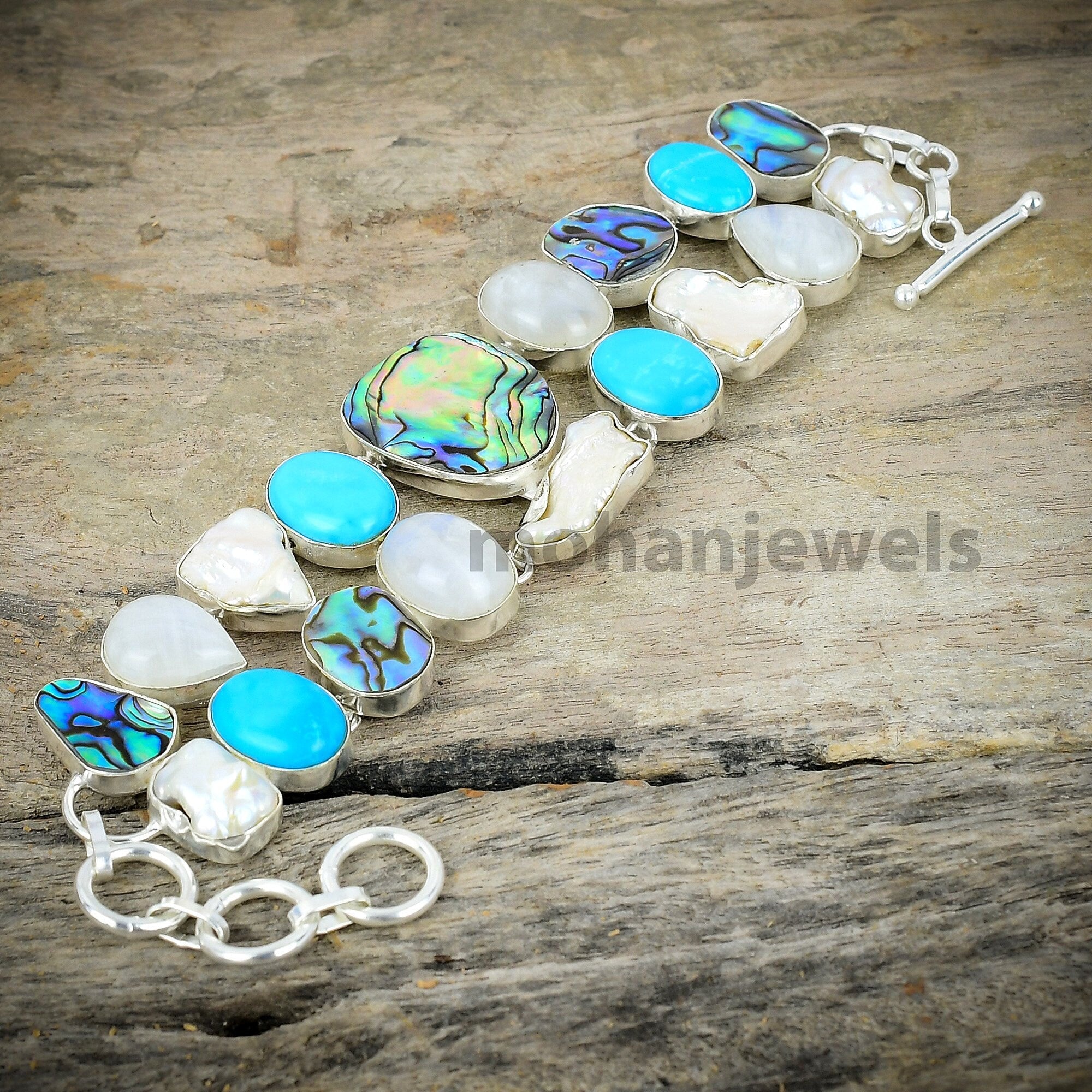 Abalone Shell Moonstone Turquoise Biwa Pearl Silver Plated Bracelet, Unique Designer Jewelry, Multi Gemstone Chunky Bracelet, Gift For Her