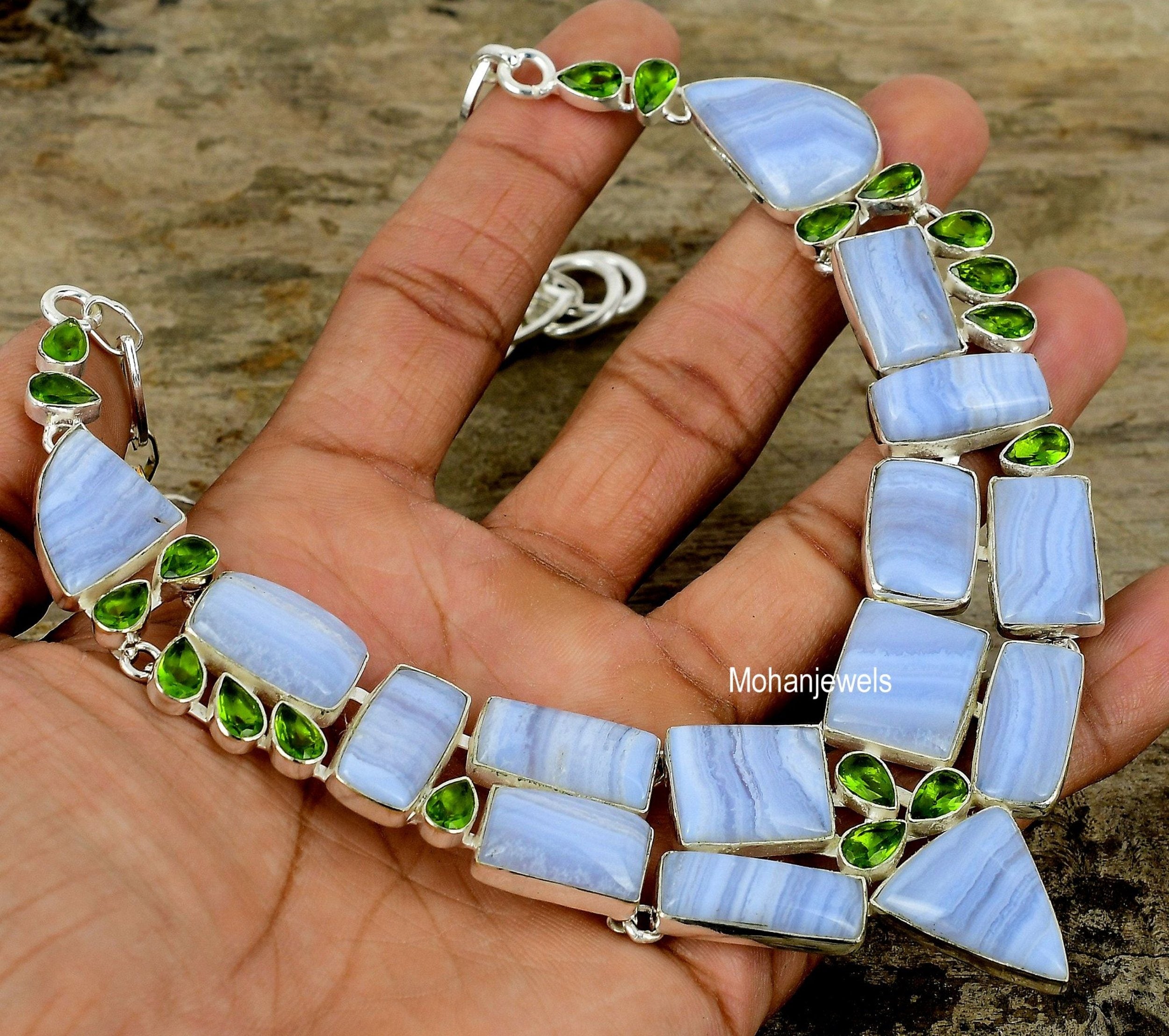 Blue Lace Agate Necklace, Blue Lace Agate & Peridot Silver Plated Necklace, Handmade Jewelry, Bohemian Necklace, Unique Jewelry Gift For Her