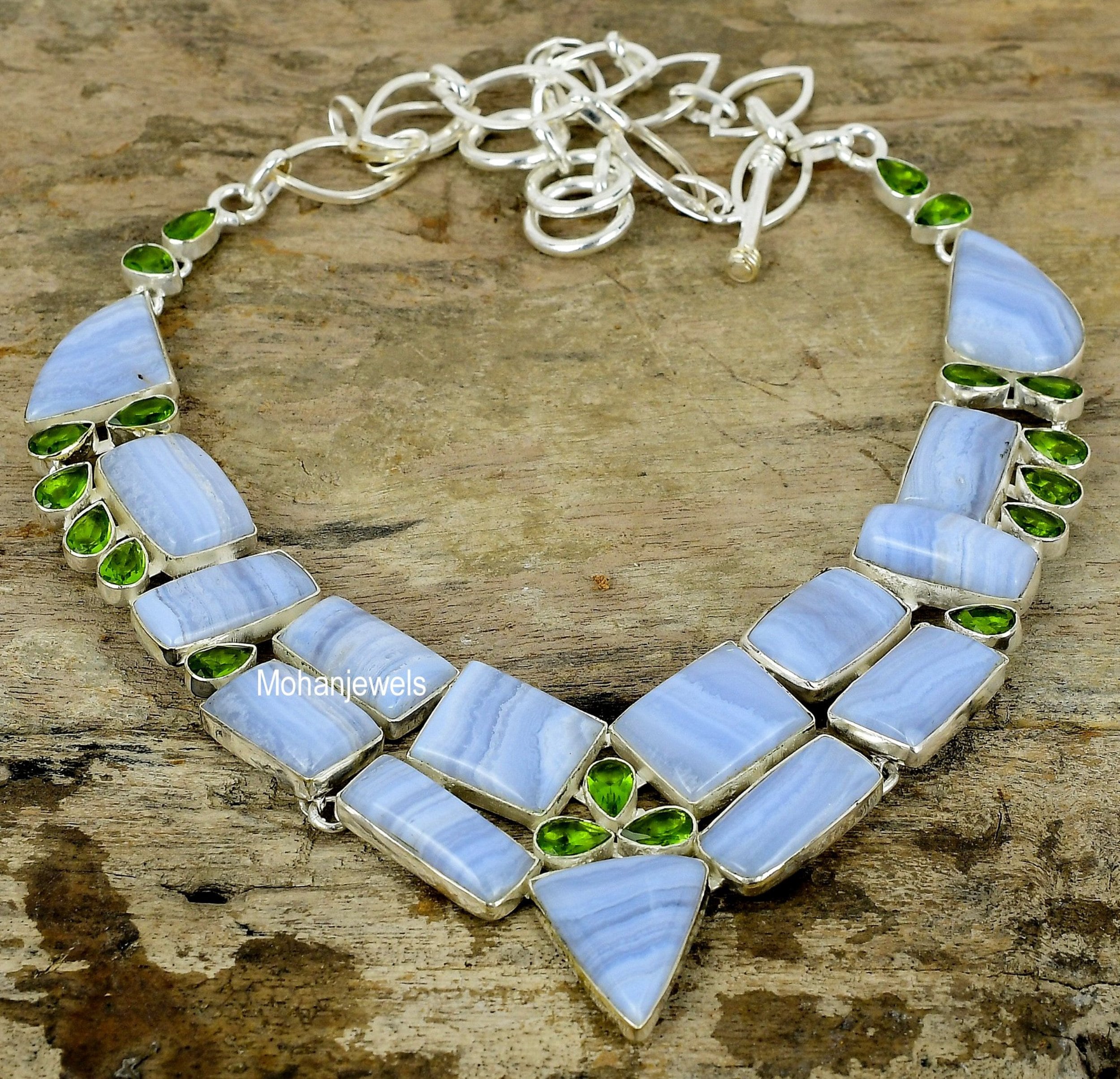 Blue Lace Agate Necklace, Blue Lace Agate & Peridot Silver Plated Necklace, Handmade Jewelry, Bohemian Necklace, Unique Jewelry Gift For Her