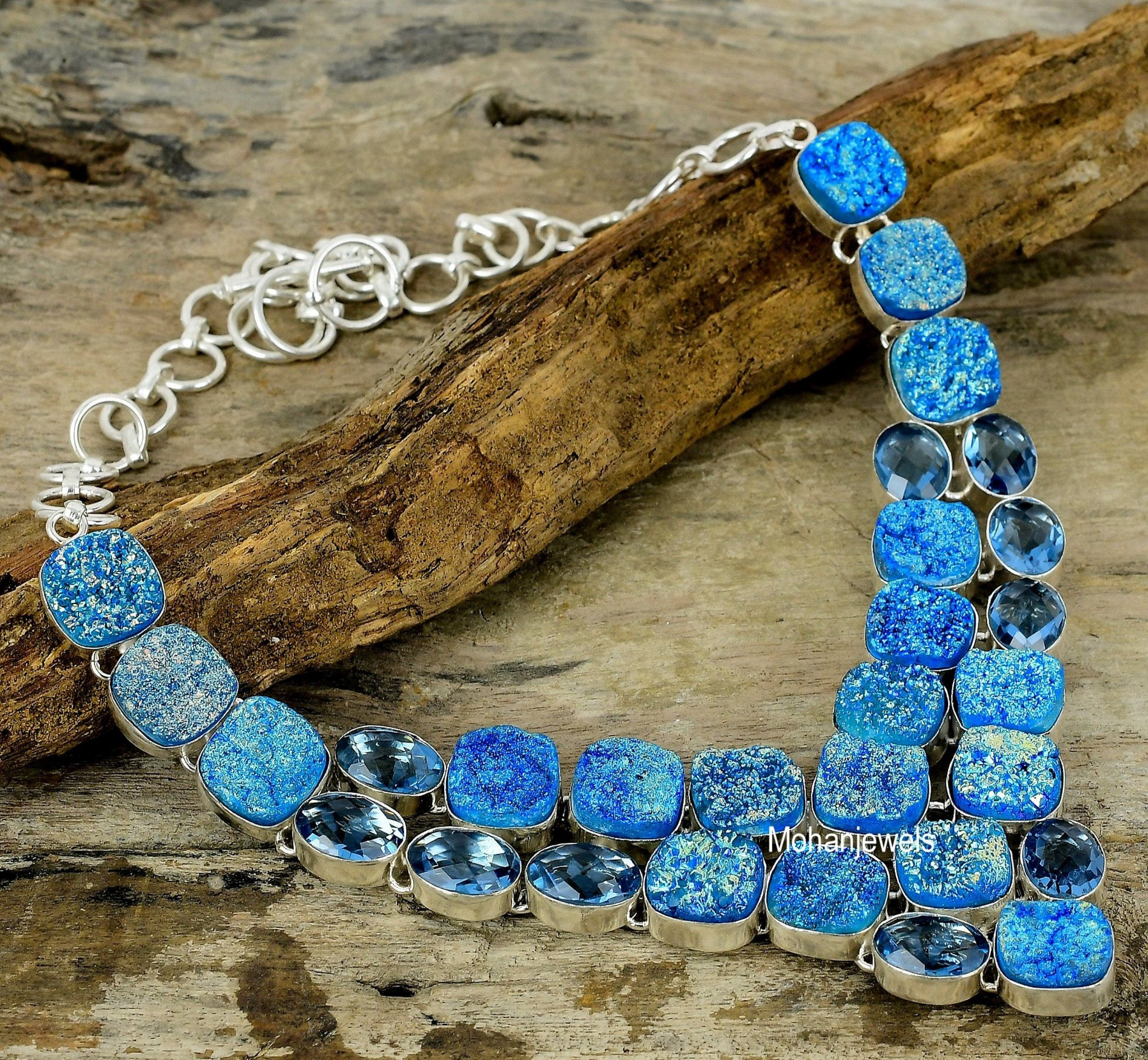 Blue Titanium Druzy Necklace, Raw Druzy Quartz & Blue Topaz Silver Plated Necklace, Raw Crystal Jewelry, Handmade Boho Jewelry, Gift For Her