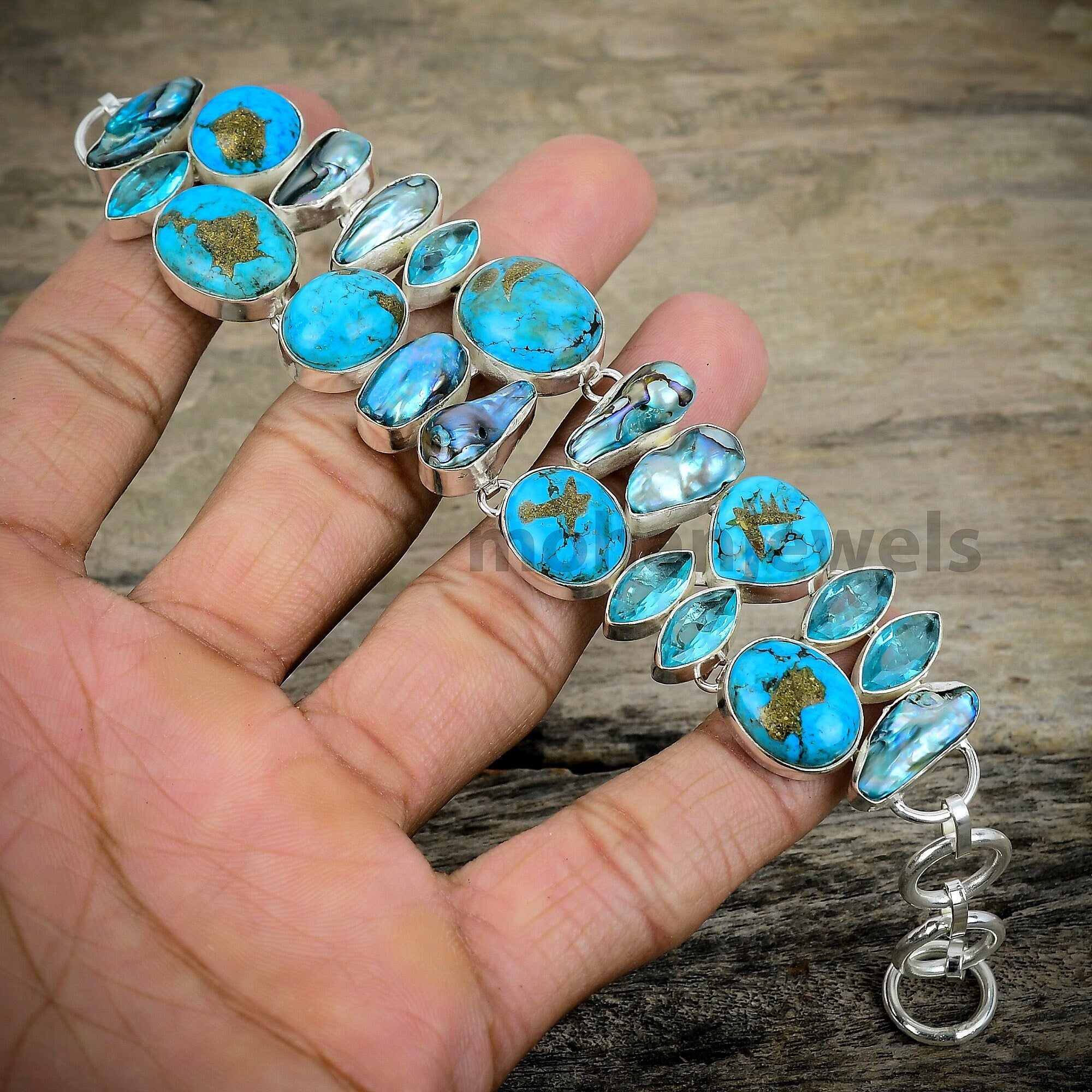 Copper Turquoise Biwa Pearl Blue Topaz Silver Plated  Bracelet - Unique Designer Jewelry - Statement Bracelet - Wedding Gift