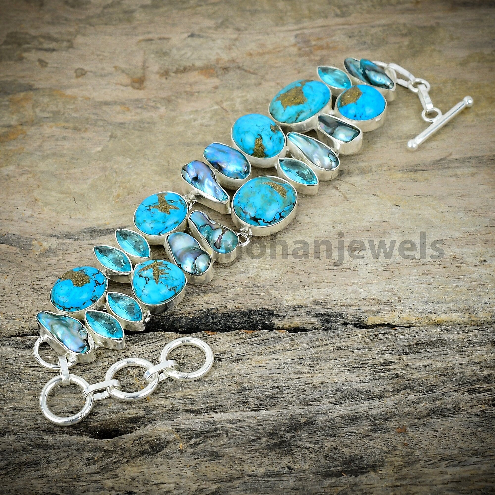 Copper Turquoise Biwa Pearl Blue Topaz Silver Plated  Bracelet - Unique Designer Jewelry - Statement Bracelet - Wedding Gift